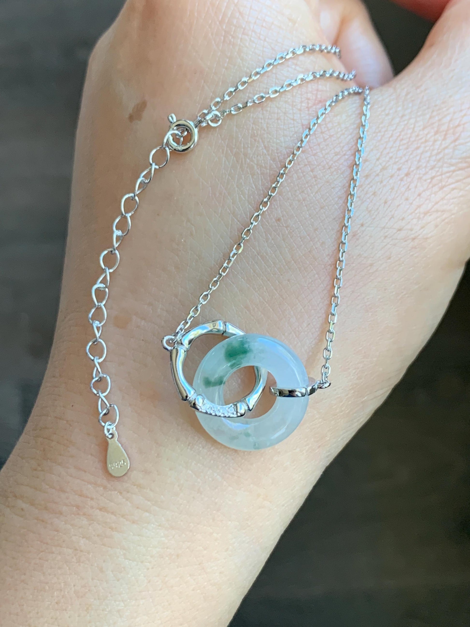 Natural Grade A Icy Translucent Green Marbled White Jadeite Mini Ping An Kou Donut Necklace Sterling Silver 16”-18” 天然白冰飘花翡翠迷你平安扣锁骨链 PHP132