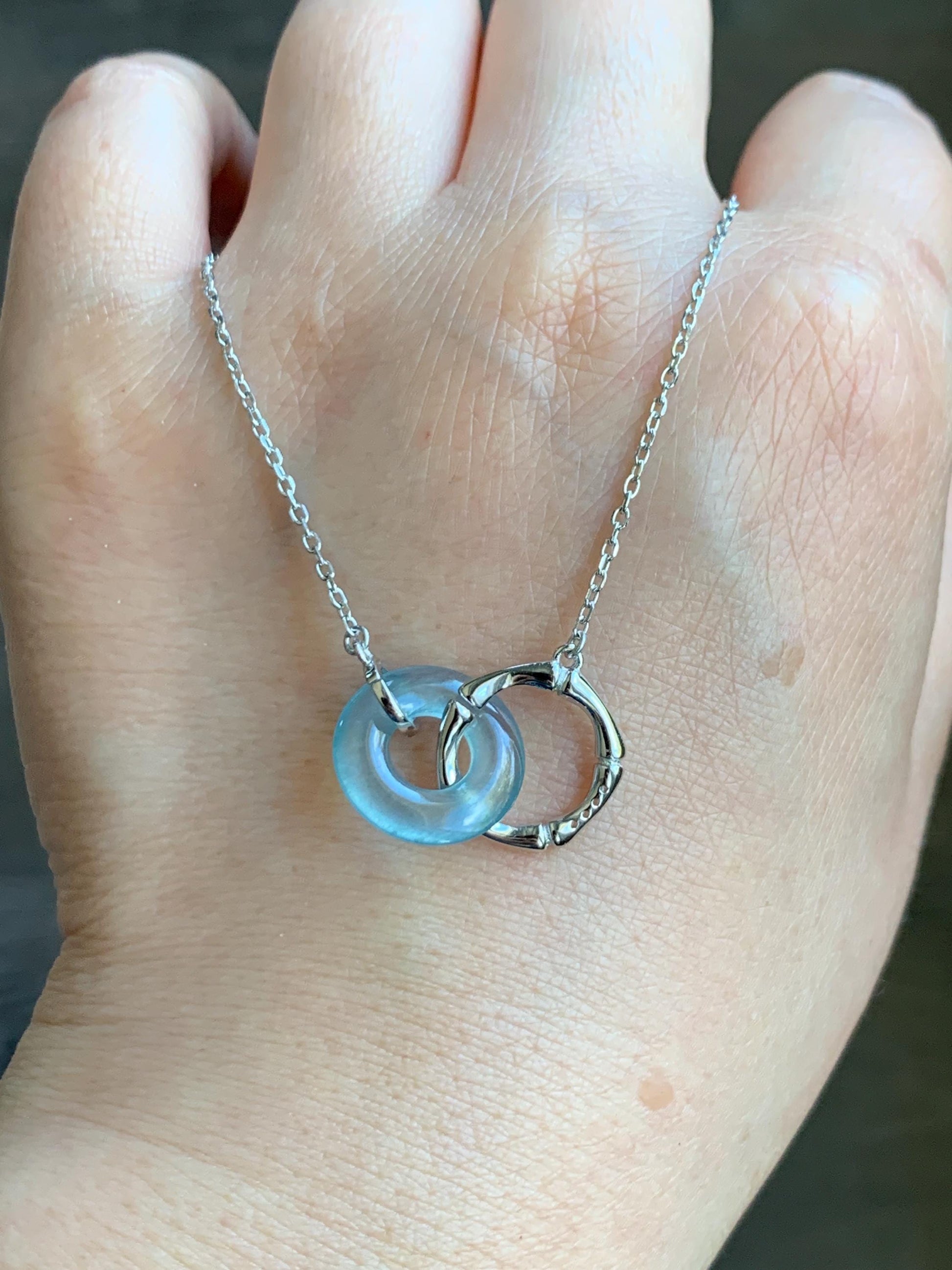 Natural Guatemalan Icy Highly Translucent Blue Jadeite Mini Ping An Kou Donut Necklace Sterling Silver 16”-17.75” 3g 天然冰危蓝翡翠迷你平安扣锁骨链 WLP88