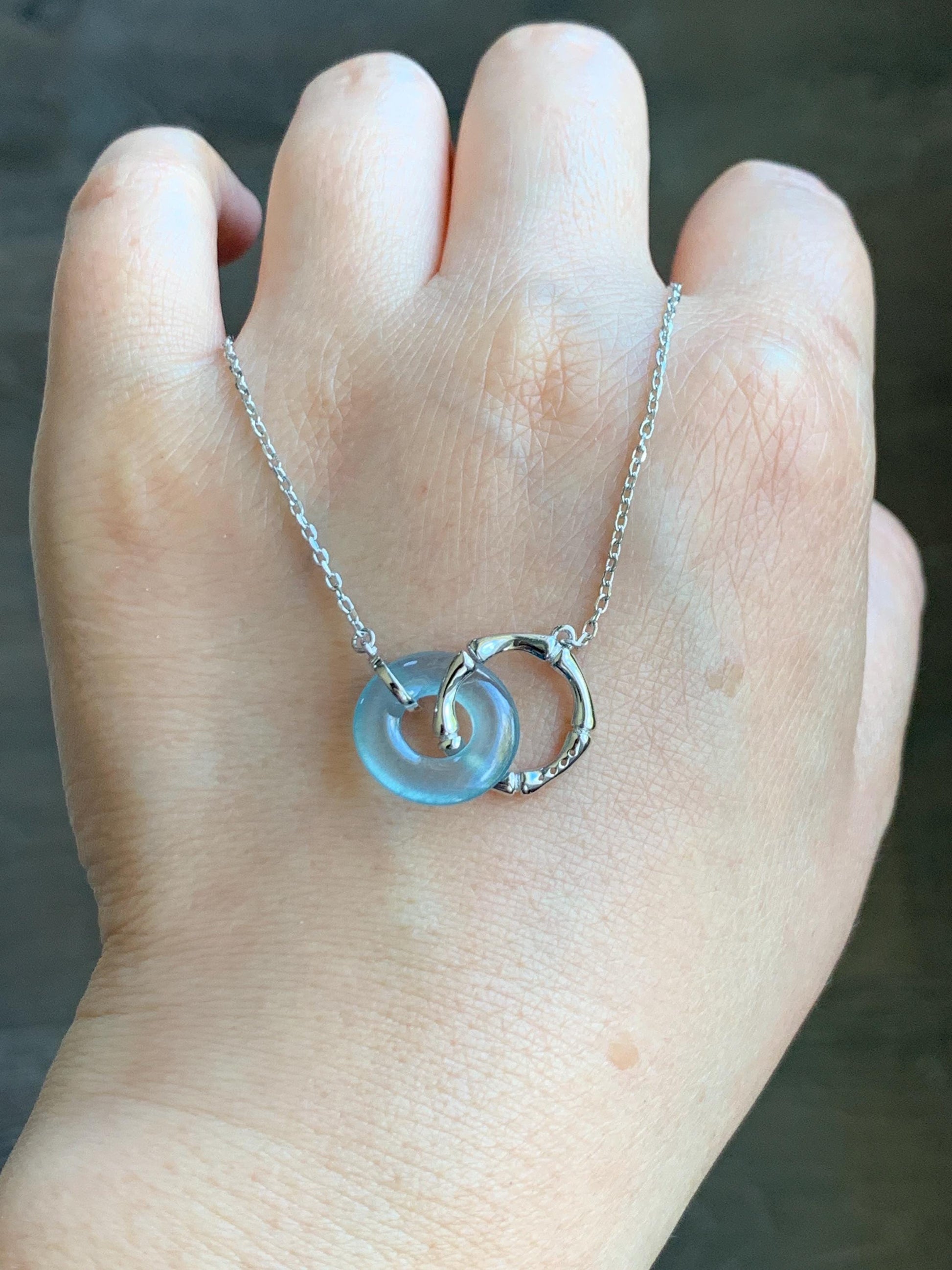 Natural Guatemalan Icy Highly Translucent Blue Jadeite Mini Ping An Kou Donut Necklace Sterling Silver 16”-17.75” 3g 天然冰危蓝翡翠迷你平安扣锁骨链 WLP88