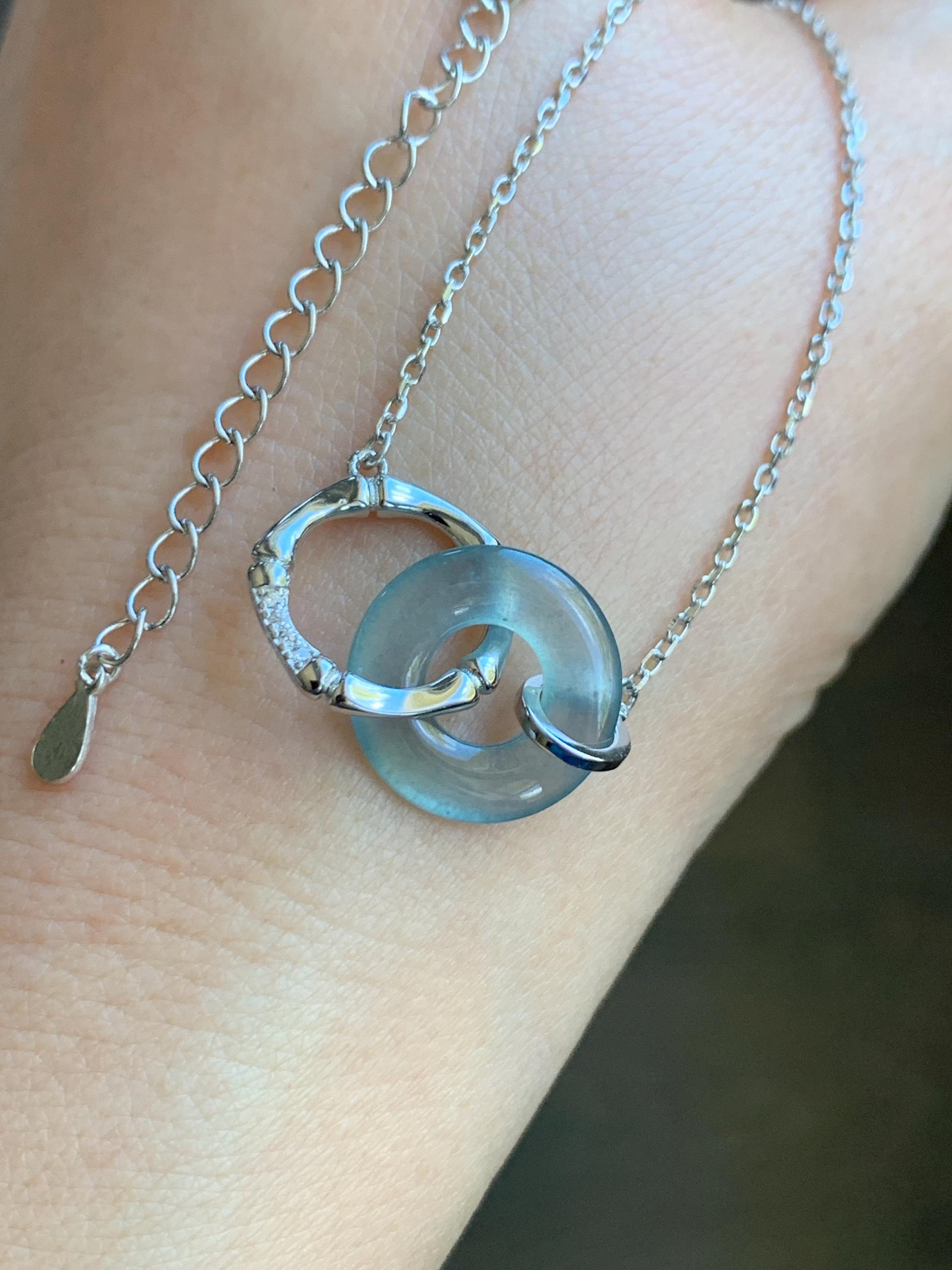 Natural Guatemalan Icy Highly Translucent Blue Jadeite Mini Ping An Kou Donut Necklace Sterling Silver 16”-17.75” 3g 天然冰危蓝翡翠迷你平安扣锁骨链 WLP88