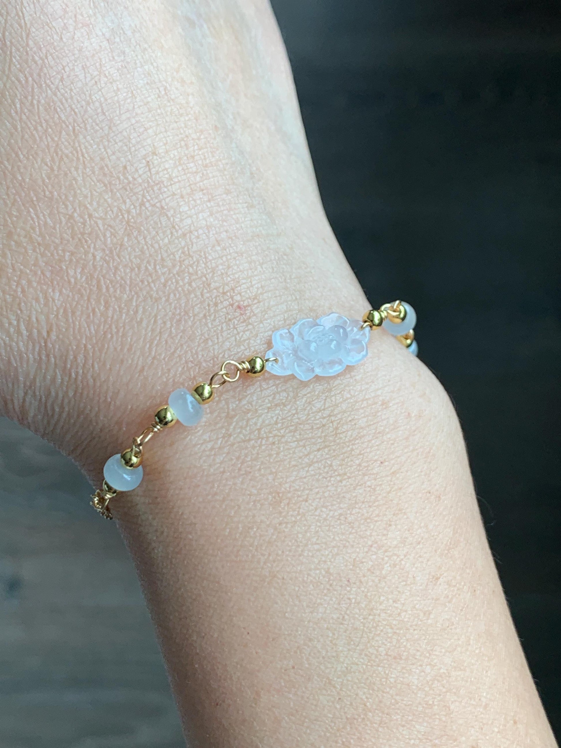 Natural Grade A Icy Highly Translucent White Jadeite Lotus Flower Chain Bracelet 14K Gold Filled Magnetic Clasp 6.25” 天然白冰翡翠莲花14K包金手链 BLK66B