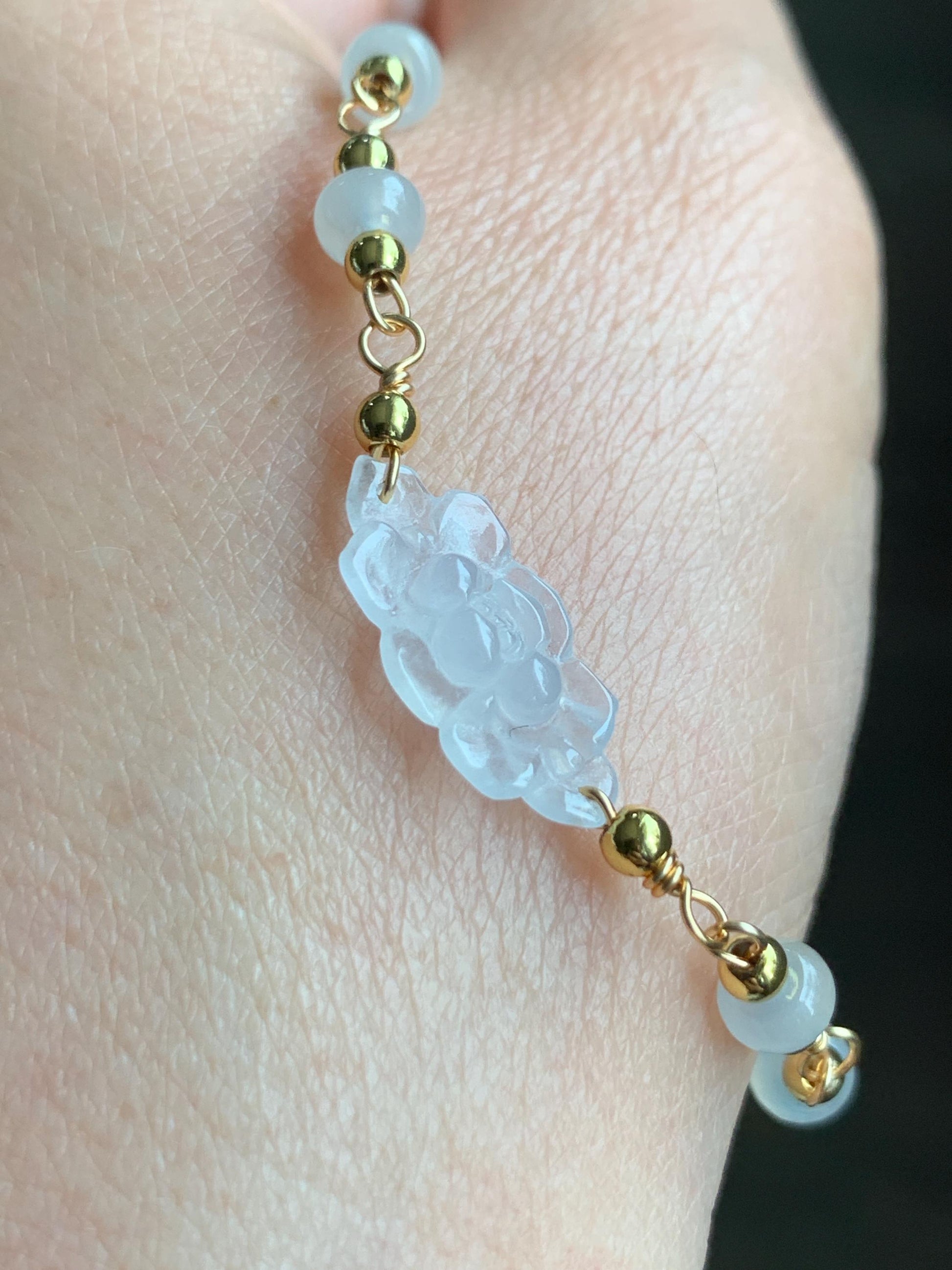Natural Grade A Icy Highly Translucent White Jadeite Lotus Flower Chain Bracelet 14K Gold Filled Magnetic Clasp 6.25” 天然白冰翡翠莲花14K包金手链 BLK66B