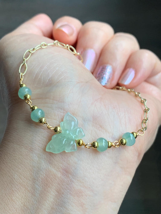 Natural Grade A Icy Highly Translucent Light Green Jadeite Butterfly Chain Bracelet 14K Gold Filled Adjustable 天然冰晴绿翡翠蝴蝶14K包金手链 QLH55