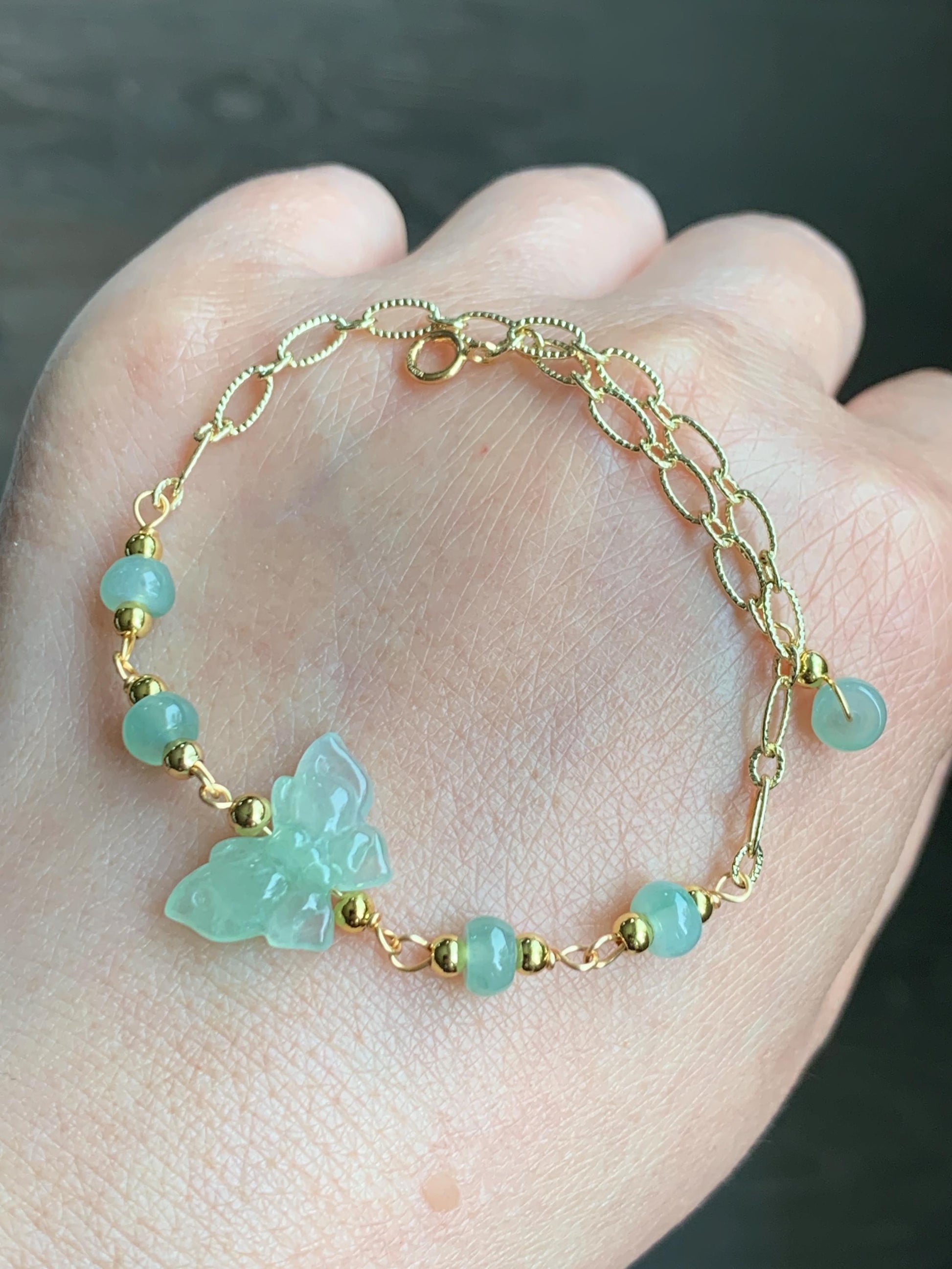 Natural Grade A Icy Highly Translucent Light Green Jadeite Butterfly Chain Bracelet 14K Gold Filled Adjustable 天然冰晴绿翡翠蝴蝶14K包金手链 QLH55