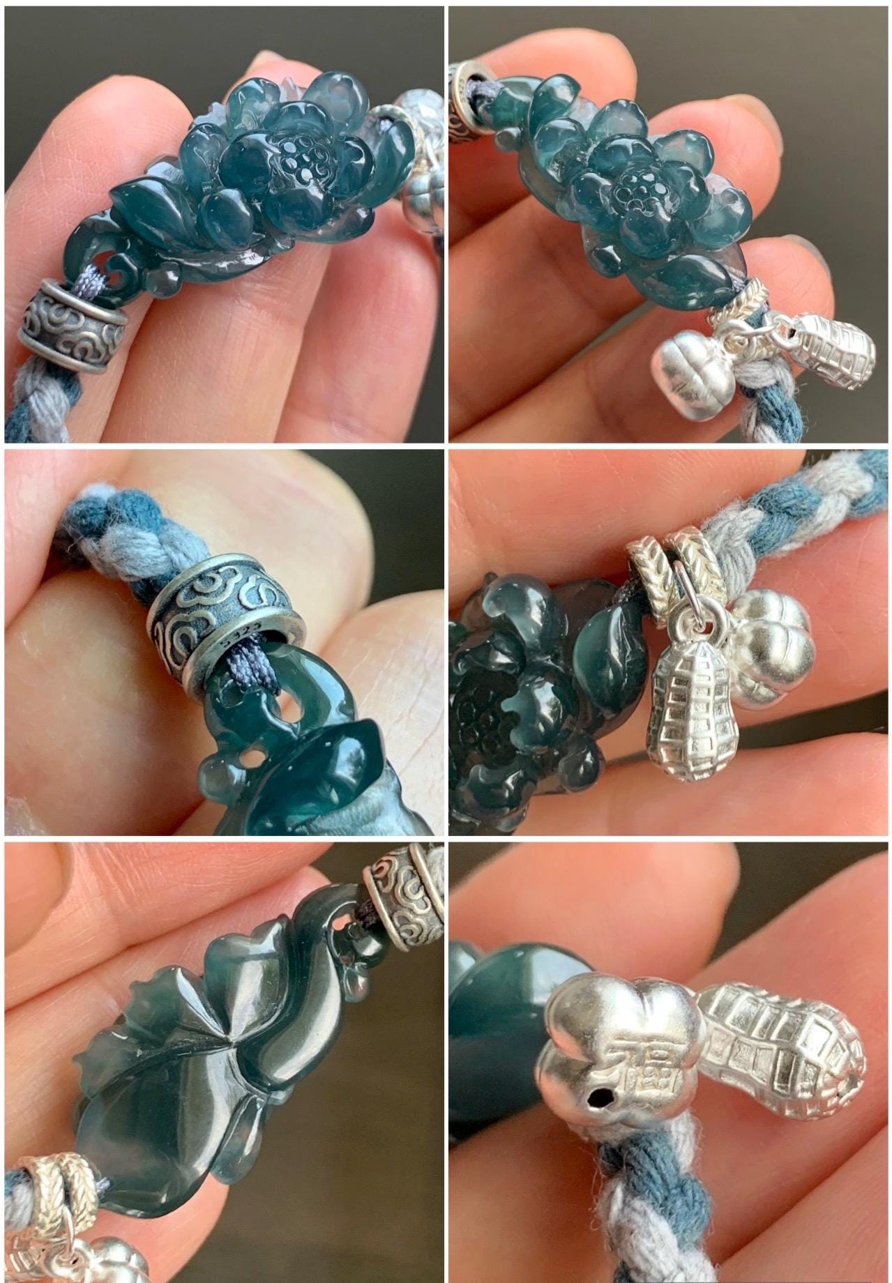 Natural Grade A Guatemalan Icy Translucent Dark Indigo Blue Jadeite Lotus Flower Sterling Silver Rope Bracelet 6.25”-8.25” 10g 天然冰危深蓝翡翠莲花手绳