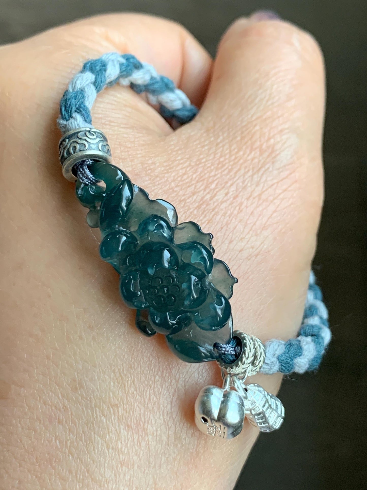 Natural Grade A Guatemalan Icy Translucent Dark Indigo Blue Jadeite Lotus Flower Sterling Silver Rope Bracelet 6.25”-8.25” 10g 天然冰危深蓝翡翠莲花手绳