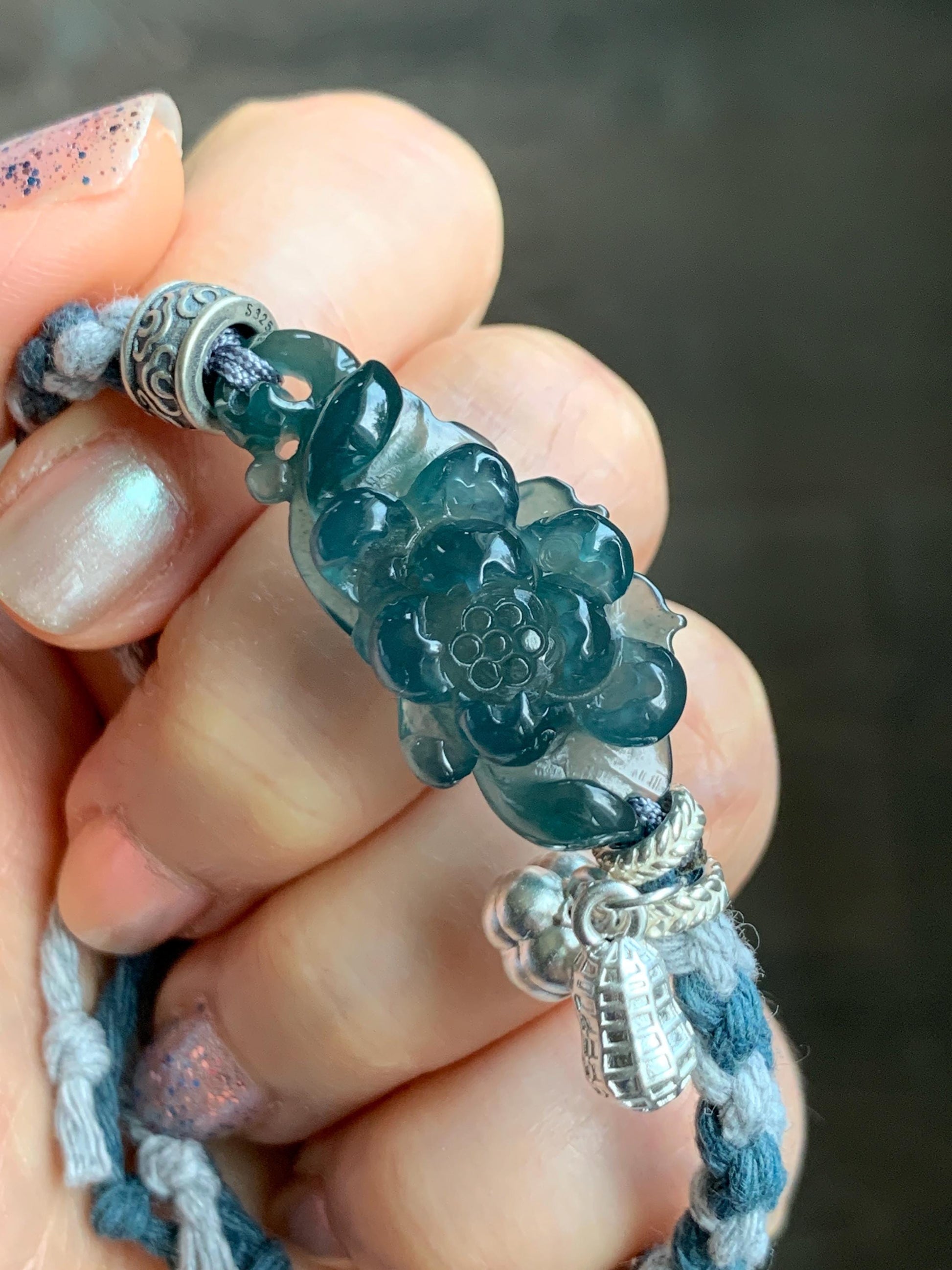 Natural Grade A Guatemalan Icy Translucent Dark Indigo Blue Jadeite Lotus Flower Sterling Silver Rope Bracelet 6.25”-8.25” 10g 天然冰危深蓝翡翠莲花手绳