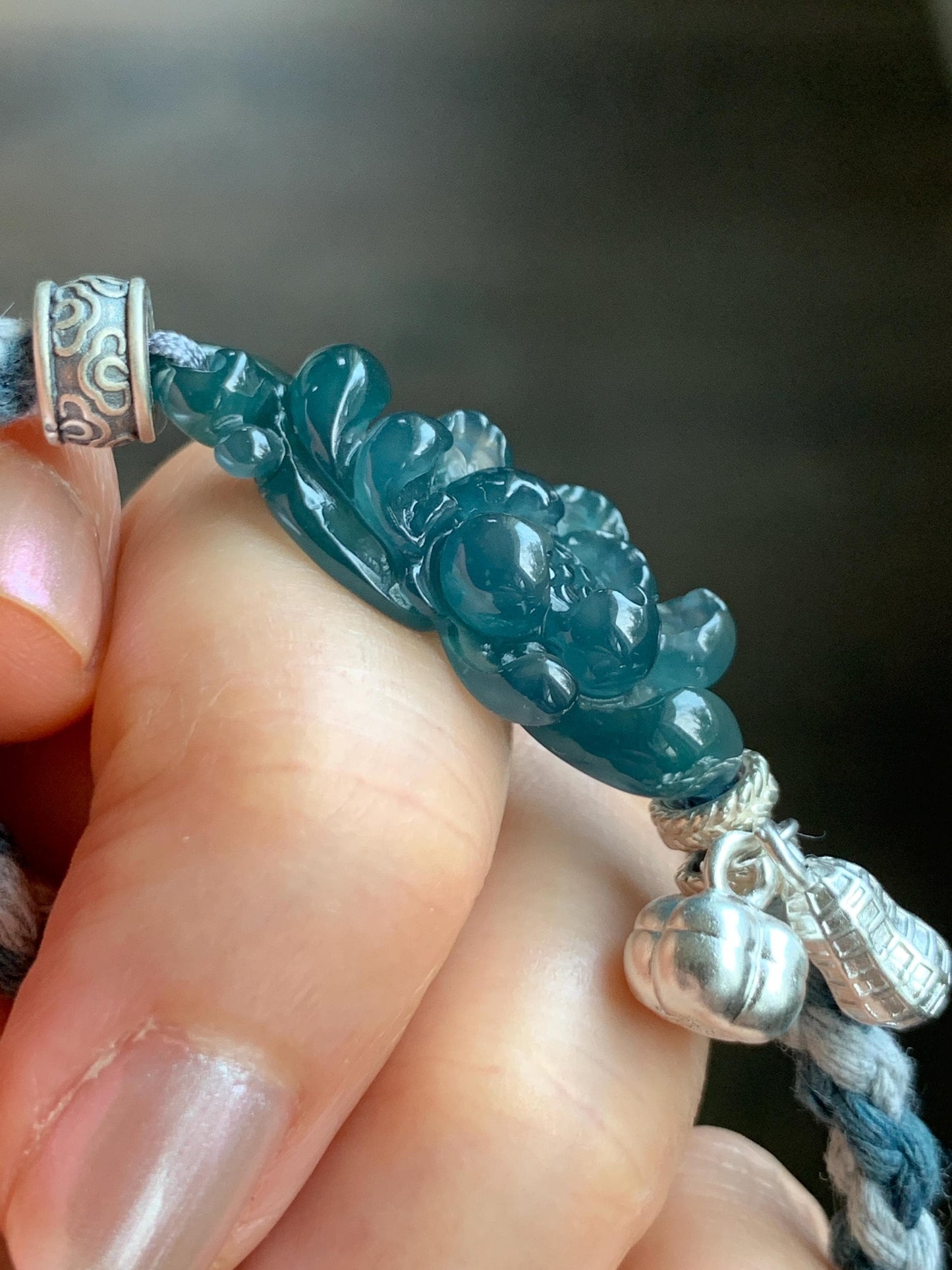 Natural Grade A Guatemalan Icy Translucent Dark Indigo Blue Jadeite Lotus Flower Sterling Silver Rope Bracelet 6.25”-8.25” 10g 天然冰危深蓝翡翠莲花手绳