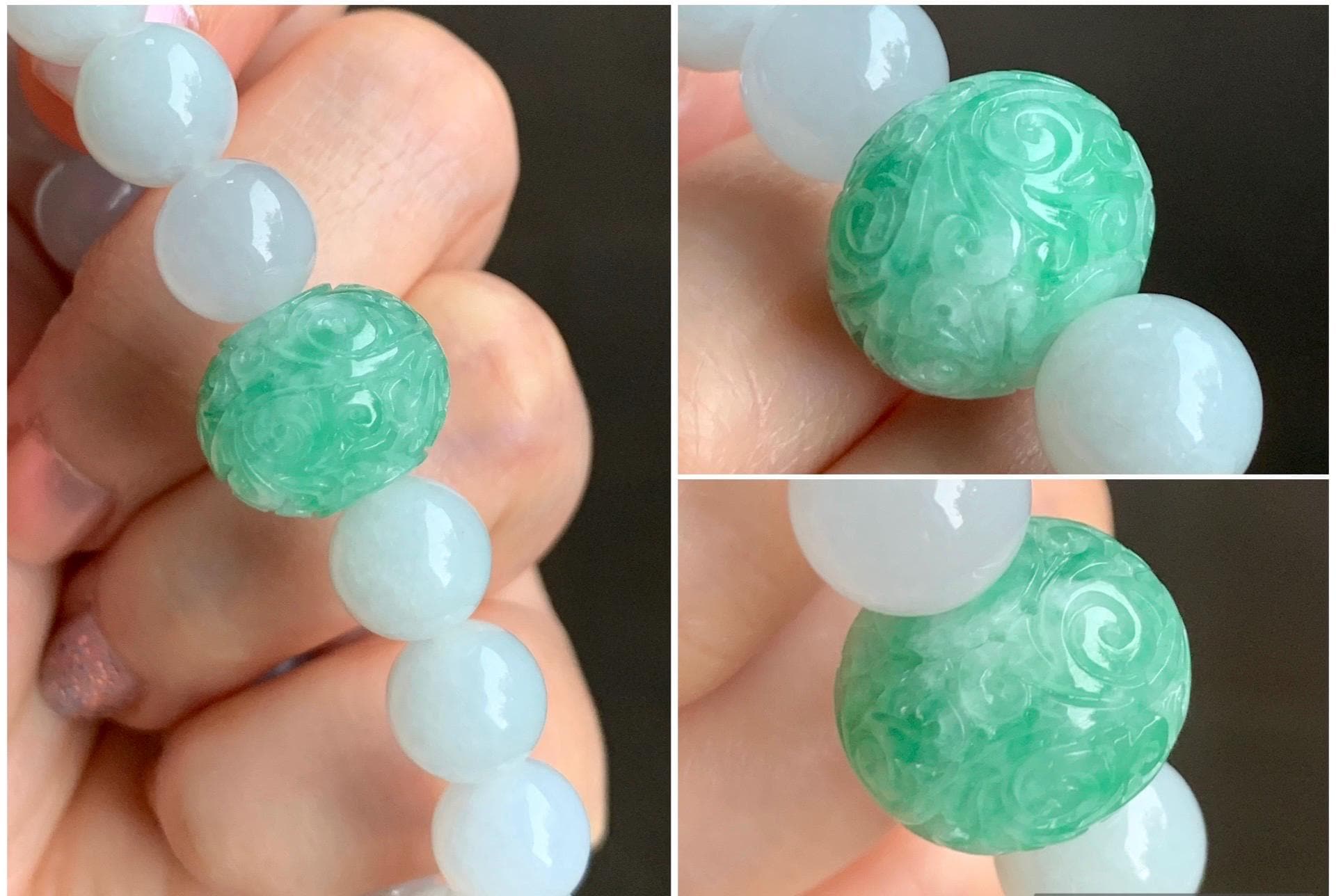 Natural Grade A Icy Translucent Green Marbled Jadeite Engraved Drum Bead Icy White Jadeite Beads Beaded Bracelet 7” 35g 天然冰绿花翡翠仿古雕鼓珠圆珠手串
