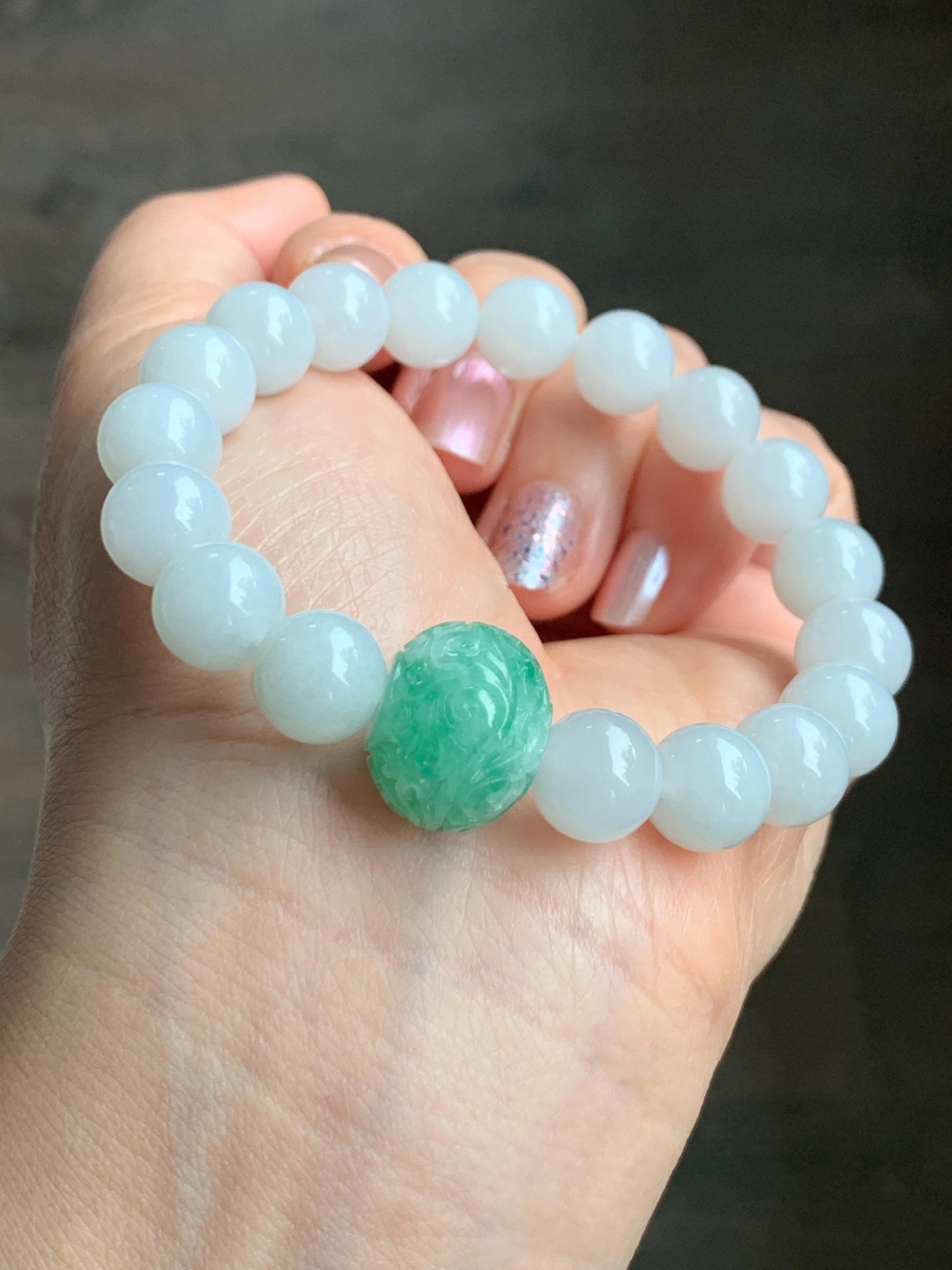 Natural Grade A Icy Translucent Green Marbled Jadeite Engraved Drum Bead Icy White Jadeite Beads Beaded Bracelet 7” 35g 天然冰绿花翡翠仿古雕鼓珠圆珠手串