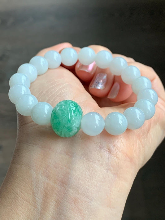 Natural Grade A Icy Translucent Green Marbled Jadeite Engraved Drum Bead Icy White Jadeite Beads Beaded Bracelet 7” 35g 天然冰绿花翡翠仿古雕鼓珠圆珠手串