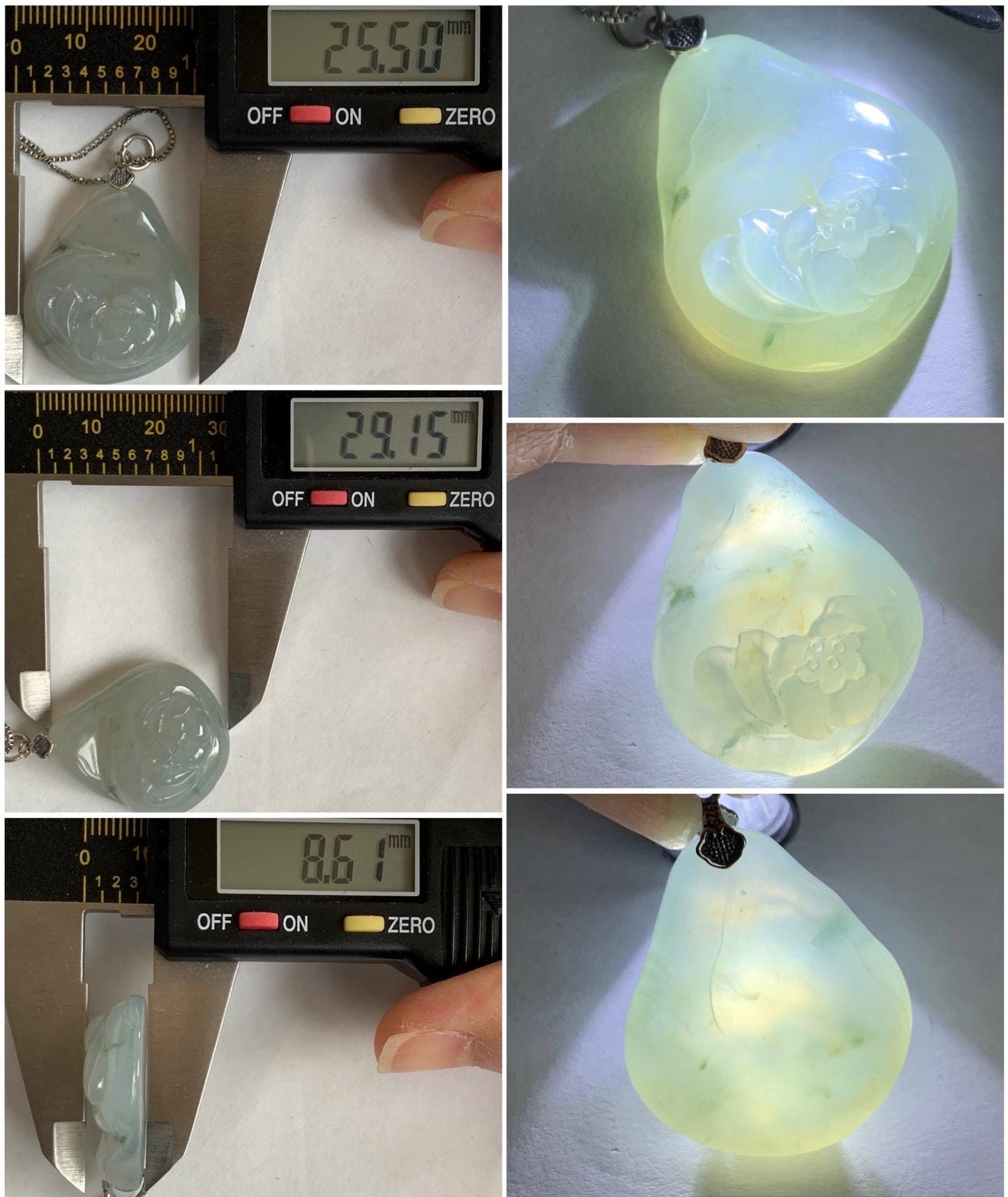 Natural Grade A Icy Translucent Gelatinous Beige Pastel Green Jadeite Lotus Flower Teardrop Pendant Sterling Silver 12g 天然冰胶晴底撒金翡翠莲花水滴吊坠