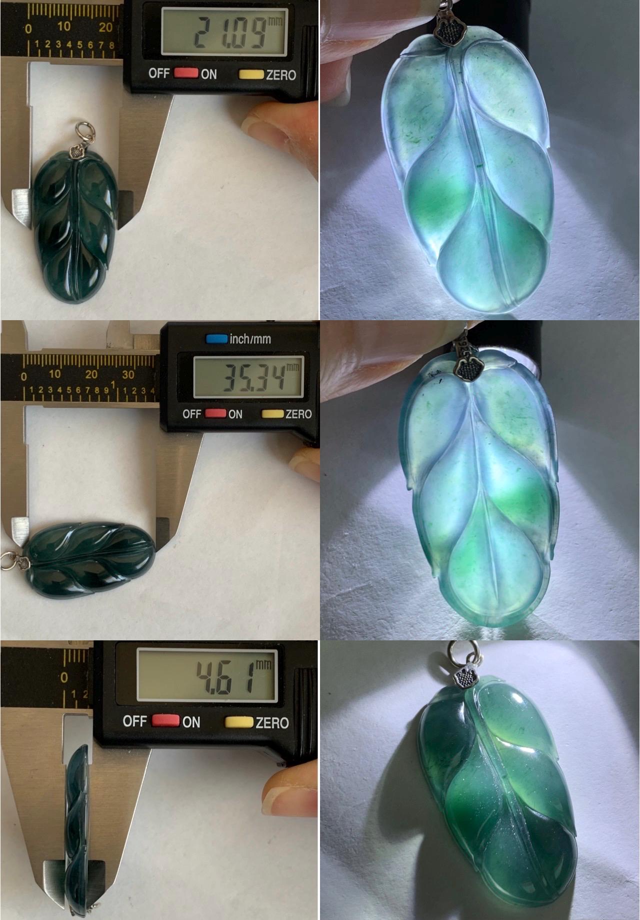 Natural Grade A Guatemalan Icy Highly Translucent Dark Teal Blue Jadeite Carved Leaf Pendant Sterling Silver 8g 天然冰胶危深蓝翡翠大叶有成银镶吊坠 LDY88