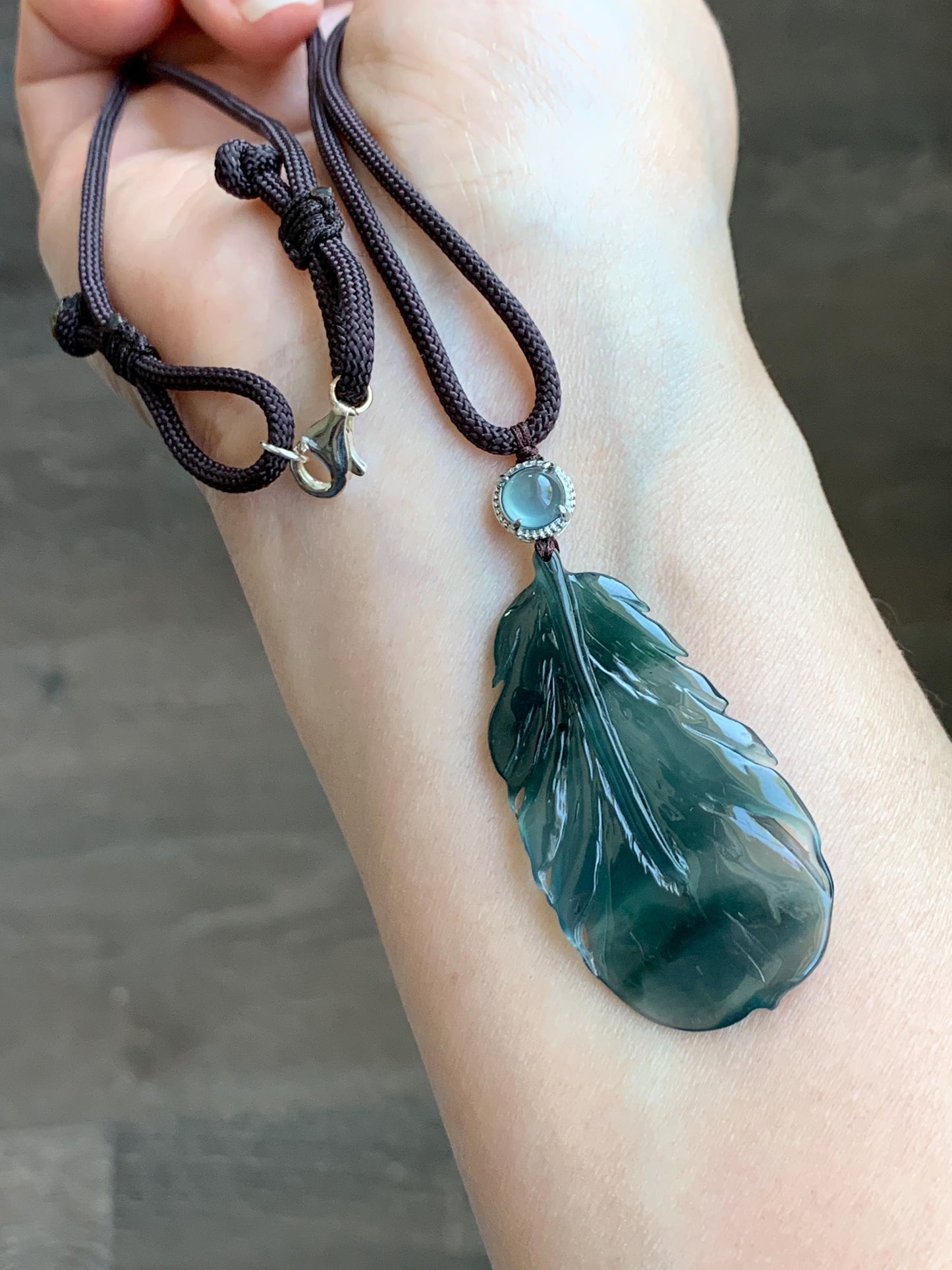 Natural Guatemalan Icy Highly Translucent Gelatinous Teal Green Jadeite Feather Pendant Rope Necklace 24" Sterling Silver 天然冰胶危湖水蓝翡翠羽毛吊坠