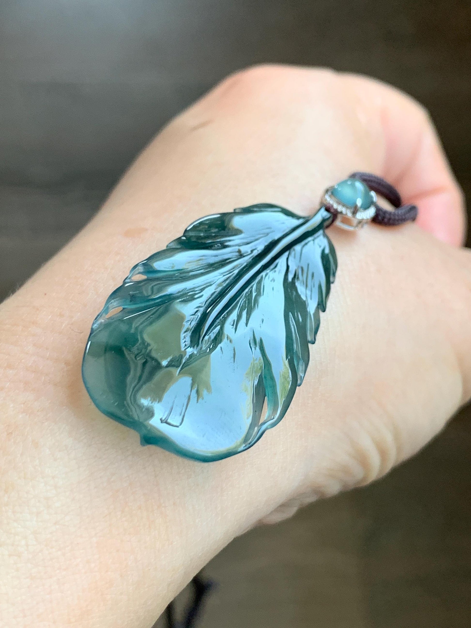 Natural Guatemalan Icy Highly Translucent Gelatinous Teal Green Jadeite Feather Pendant Rope Necklace 24" Sterling Silver 天然冰胶危湖水蓝翡翠羽毛吊坠