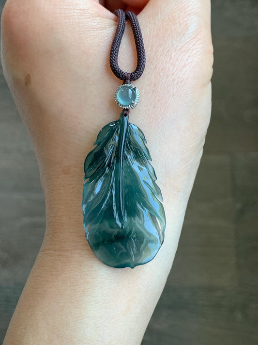 Natural Guatemalan Icy Highly Translucent Gelatinous Teal Green Jadeite Feather Pendant Rope Necklace 24" Sterling Silver 天然冰胶危湖水蓝翡翠羽毛吊坠