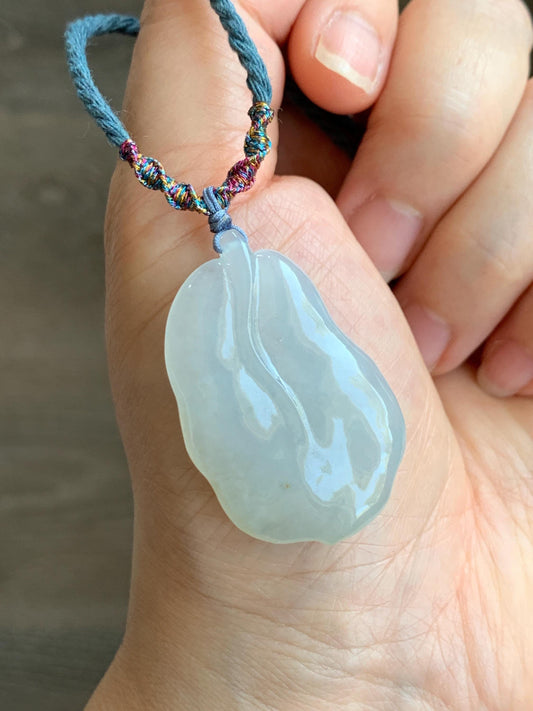 Natural Grade A Icy Translucent Gelatinous Pastel Green Jadeite Leaf Pendant Rope Necklace 25" Adjustable 14g 天然老种冰晴底翡翠大叶有成吊坠项链 MBY220