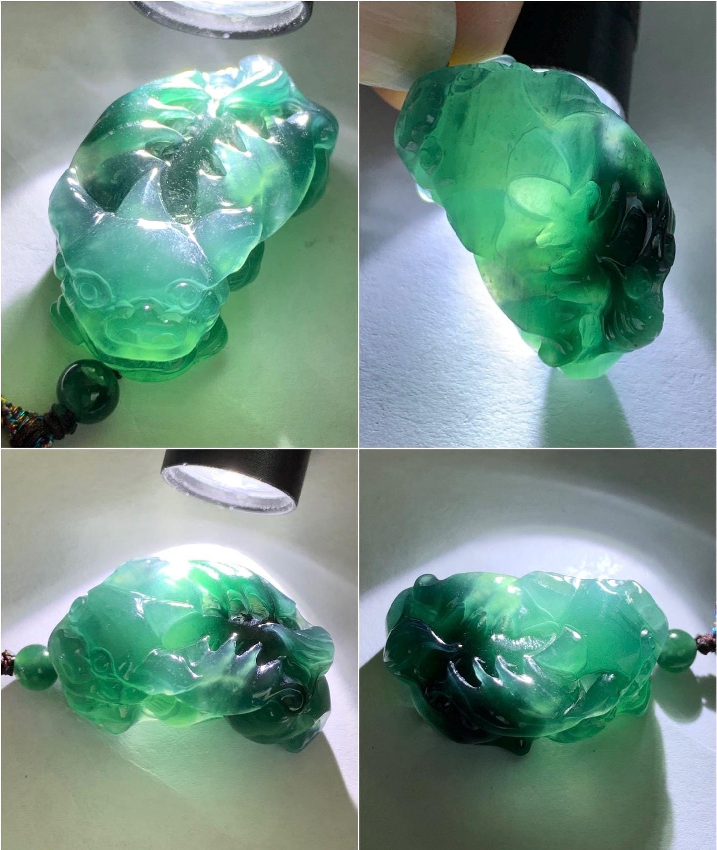 Certified Natural Guatemalan Icy Translucent Gelatinous Dark Teal Blue Jadeite Pixiu Pendant Rope Necklace 30" 11g 天然老种冰危深蓝翡翠飞天貔貅吊坠 1155