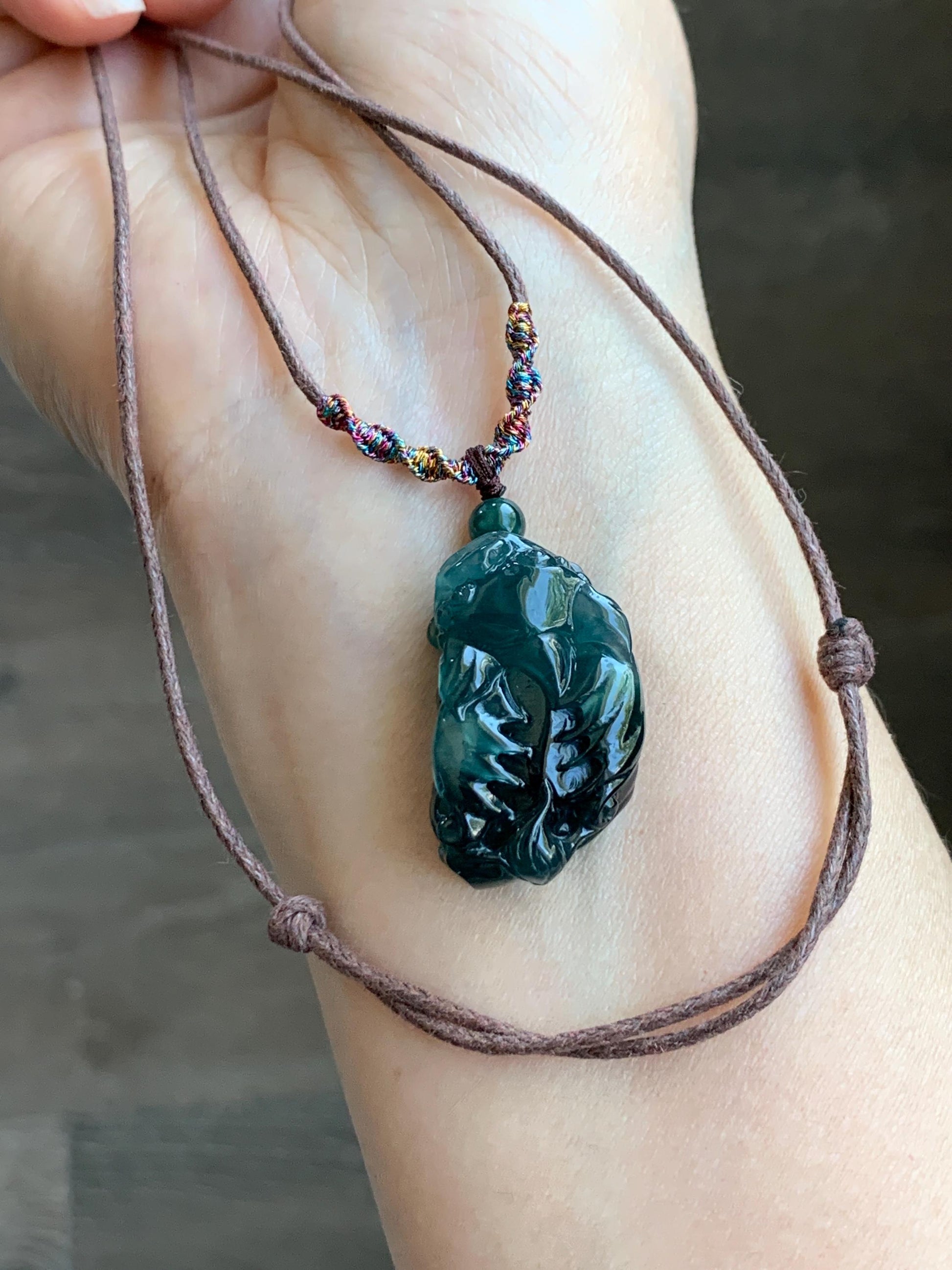Certified Natural Guatemalan Icy Translucent Gelatinous Dark Teal Blue Jadeite Pixiu Pendant Rope Necklace 30" 11g 天然老种冰危深蓝翡翠飞天貔貅吊坠 1155