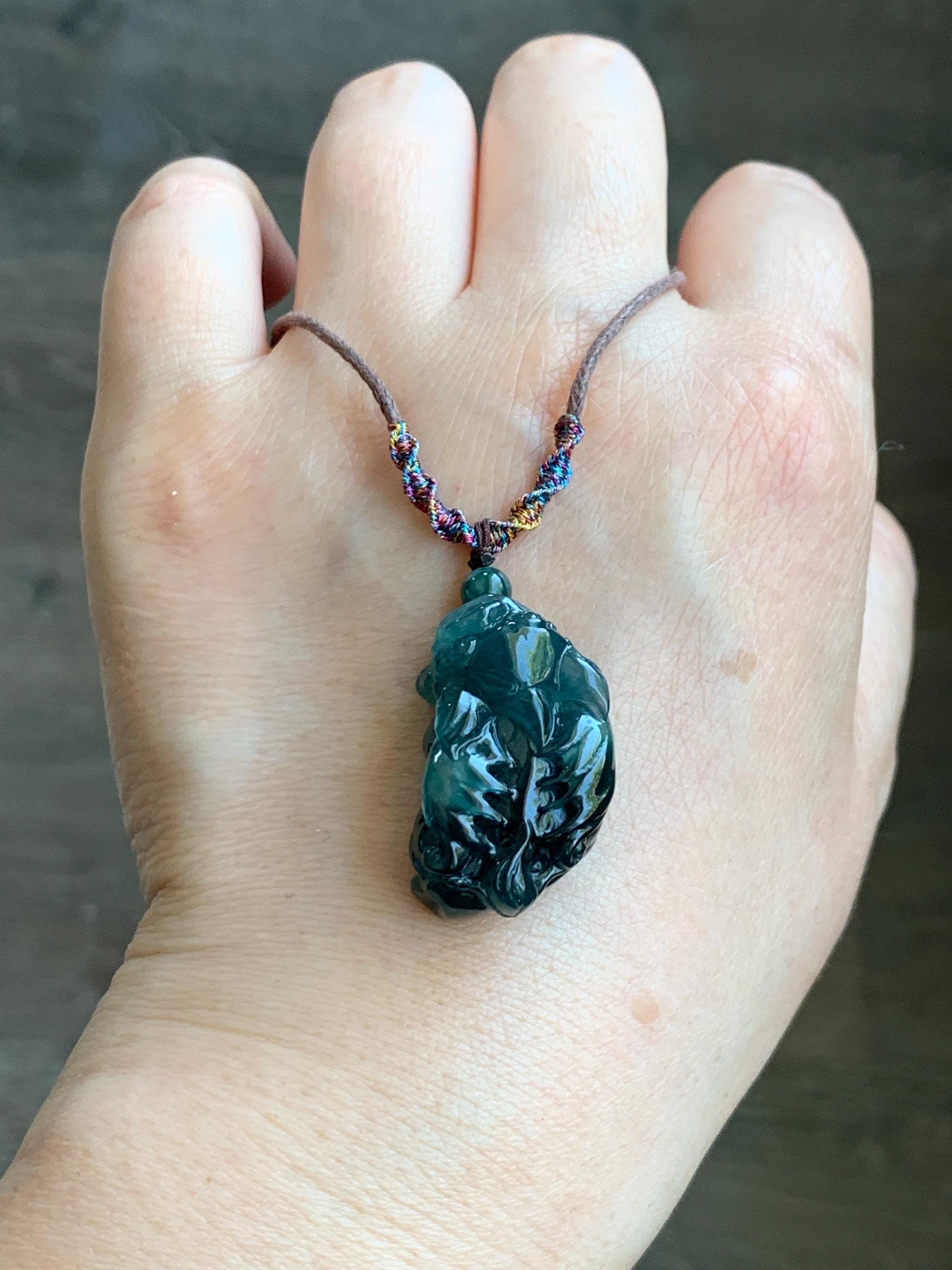 Certified Natural Guatemalan Icy Translucent Gelatinous Dark Teal Blue Jadeite Pixiu Pendant Rope Necklace 30" 11g 天然老种冰危深蓝翡翠飞天貔貅吊坠 1155
