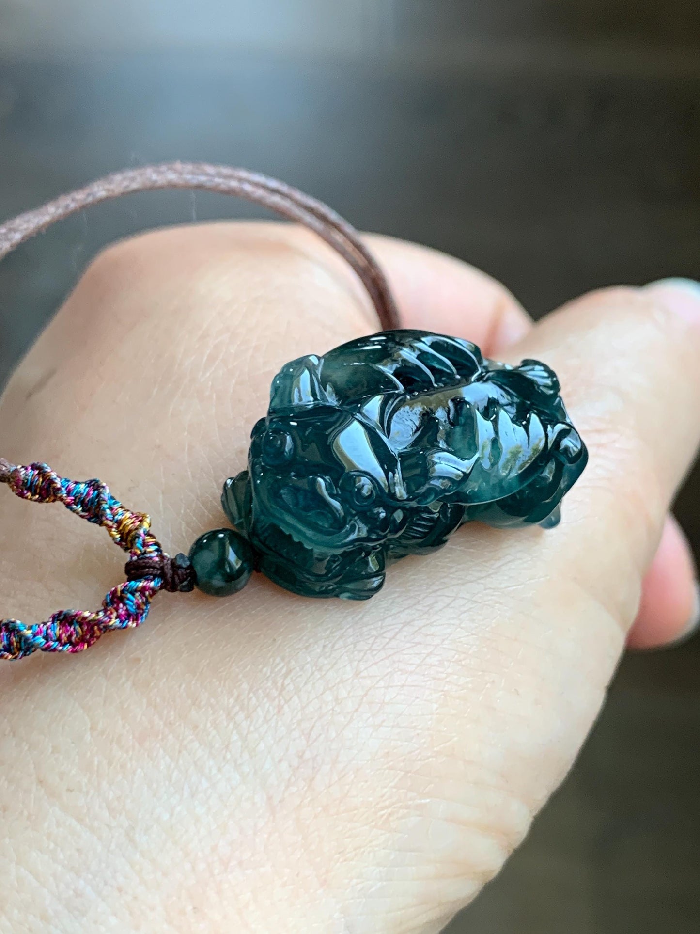 Certified Natural Guatemalan Icy Translucent Gelatinous Dark Teal Blue Jadeite Pixiu Pendant Rope Necklace 30" 11g 天然老种冰危深蓝翡翠飞天貔貅吊坠 1155