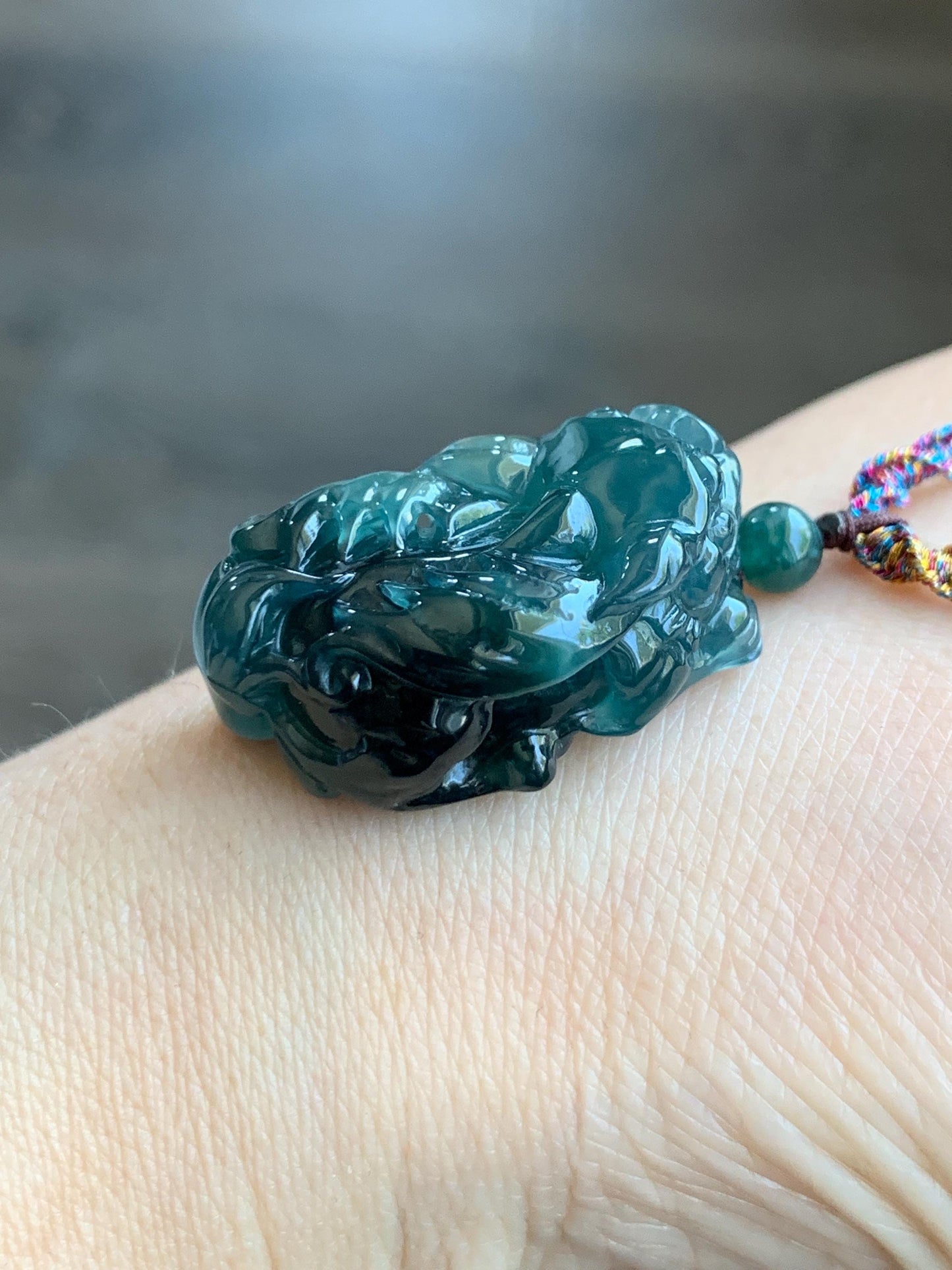 Certified Natural Guatemalan Icy Translucent Gelatinous Dark Teal Blue Jadeite Pixiu Pendant Rope Necklace 30" 11g 天然老种冰危深蓝翡翠飞天貔貅吊坠 1155