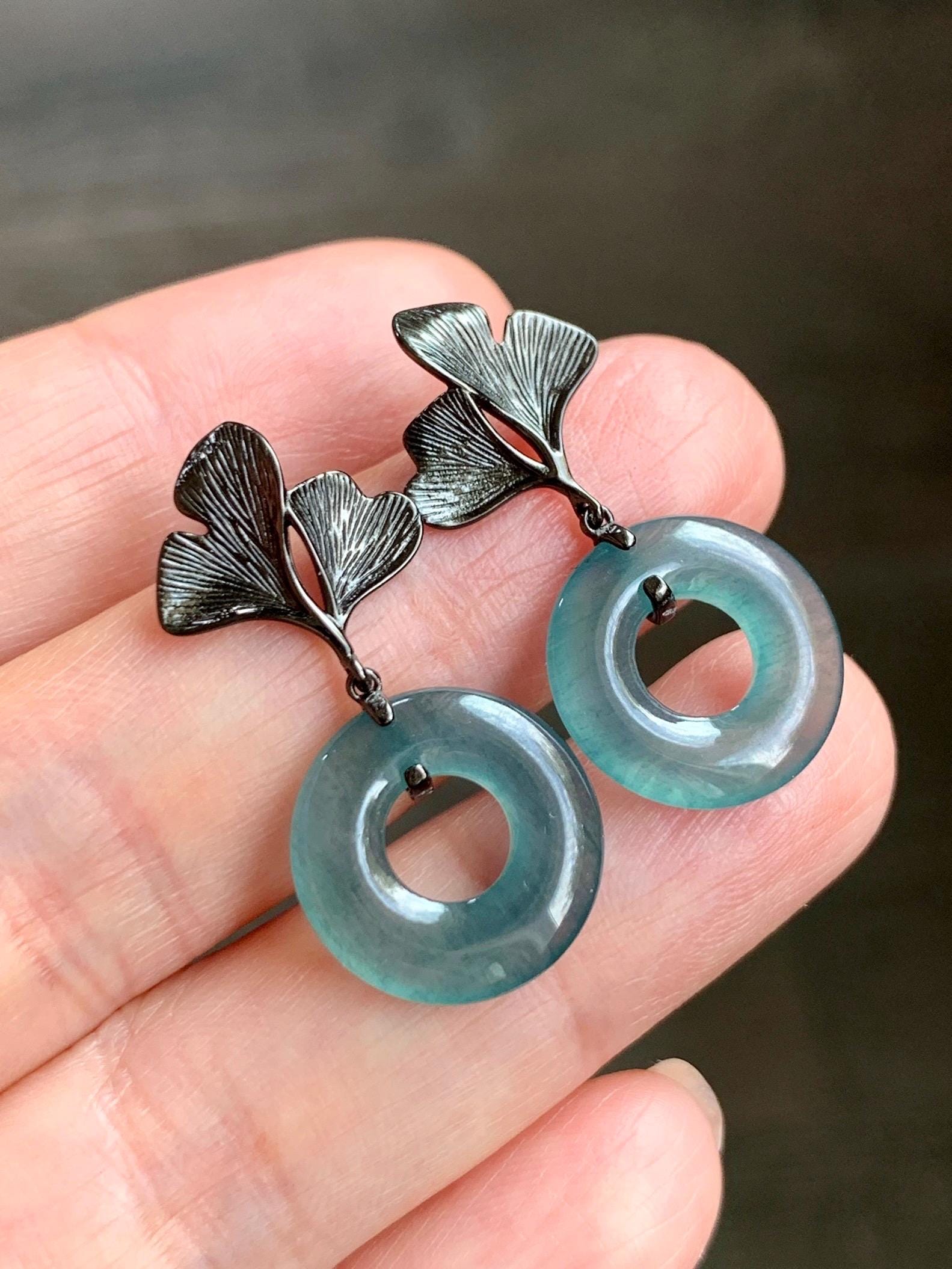 Natural Guatemalan Icy Translucent Dark Teal Blue Jadeite Ping An Kou Donut Stud Earrings Sterling Silver Black Rhodium 天然冰危深蓝绿翡翠平安扣银杏叶耳钉