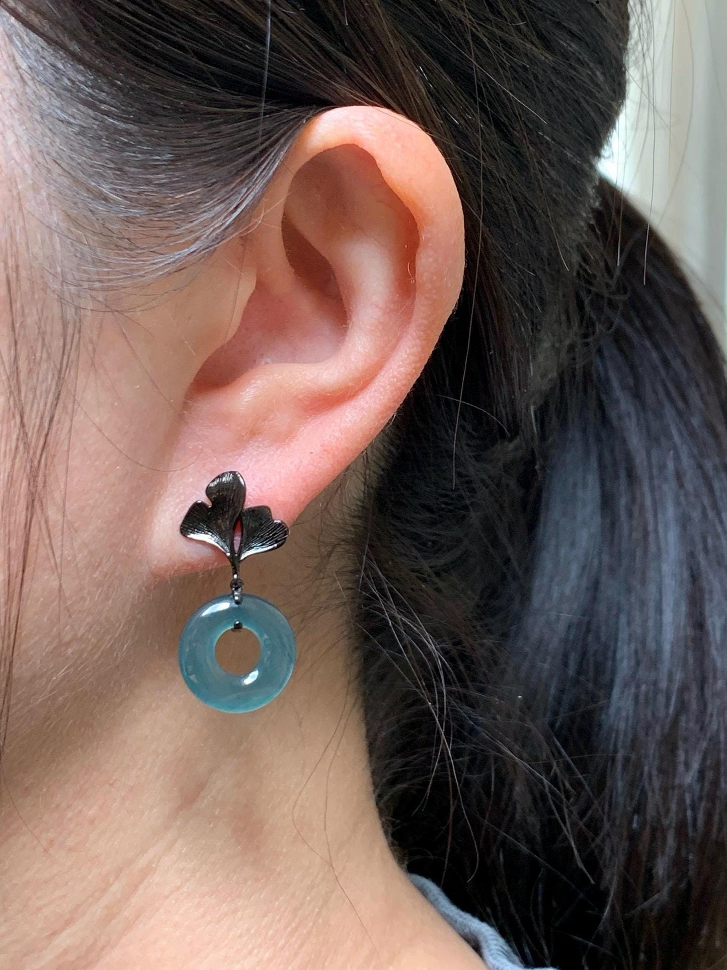 Natural Guatemalan Icy Translucent Teal Green Jadeite Ping An Kou Donut Stud Earrings Sterling Silver Black Rhodium 天然冰危蓝绿翡翠平安扣银杏叶耳钉 PAD-C