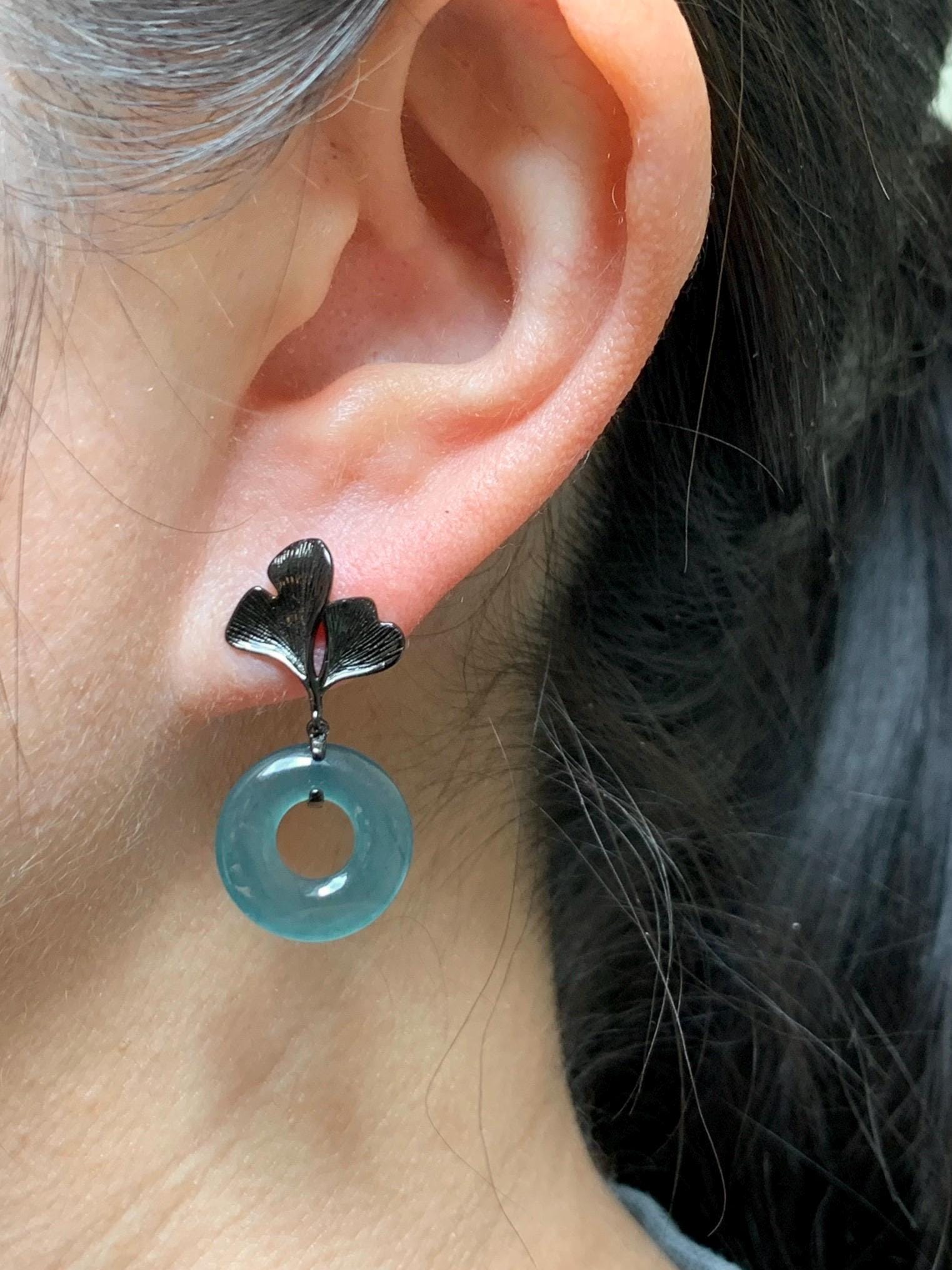 Natural Guatemalan Icy Translucent Teal Green Jadeite Ping An Kou Donut Stud Earrings Sterling Silver Black Rhodium 天然冰危蓝绿翡翠平安扣银杏叶耳钉 PAD-C