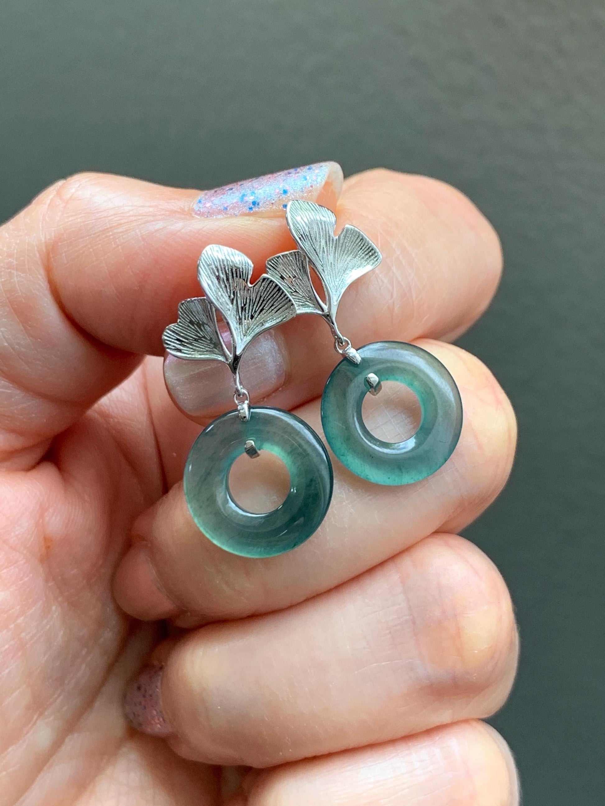 Natural Guatemalan Icy Highly Translucent Dark Teal Blue Jadeite Ping An Kou Donut Stud Earrings Sterling Silver 天然冰危深蓝绿翡翠平安扣银杏叶耳钉 YYX110