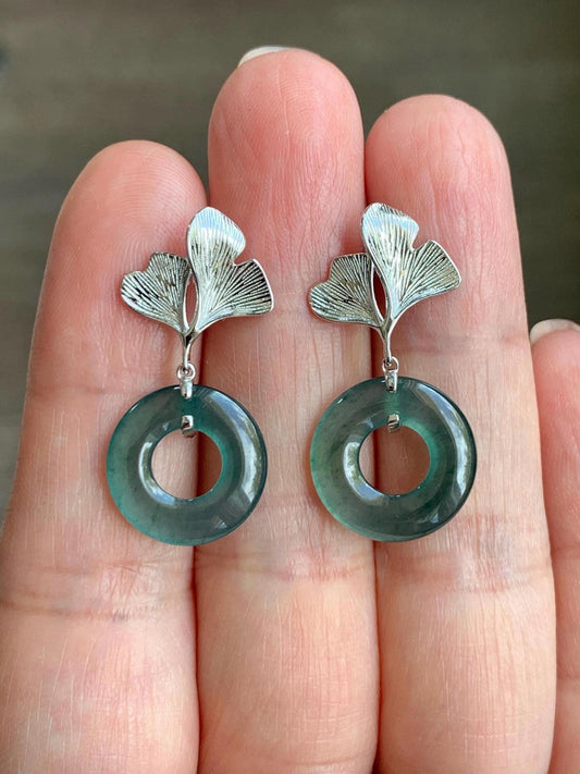 Natural Guatemalan Icy Highly Translucent Dark Teal Blue Jadeite Ping An Kou Donut Stud Earrings Sterling Silver 天然冰危深蓝绿翡翠平安扣银杏叶耳钉 YYX110