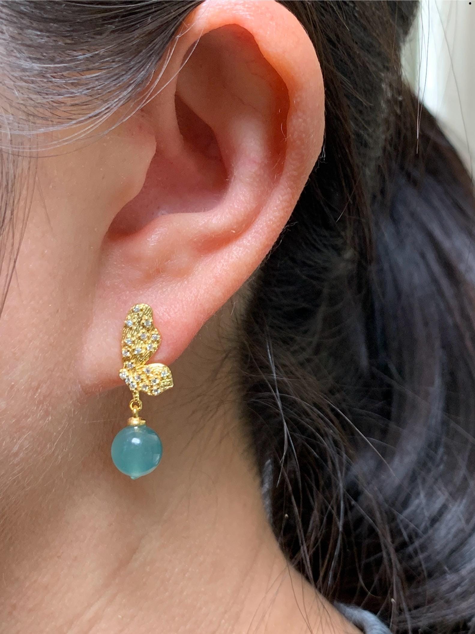 Natural Guatemalan Grade A Icy Highly Translucent Teal Blue Jadeite Beads Butterfly Stud Dangle Earrings Sterling Silver 天然冰危蓝翡翠圆珠耳钉 HDZ77G