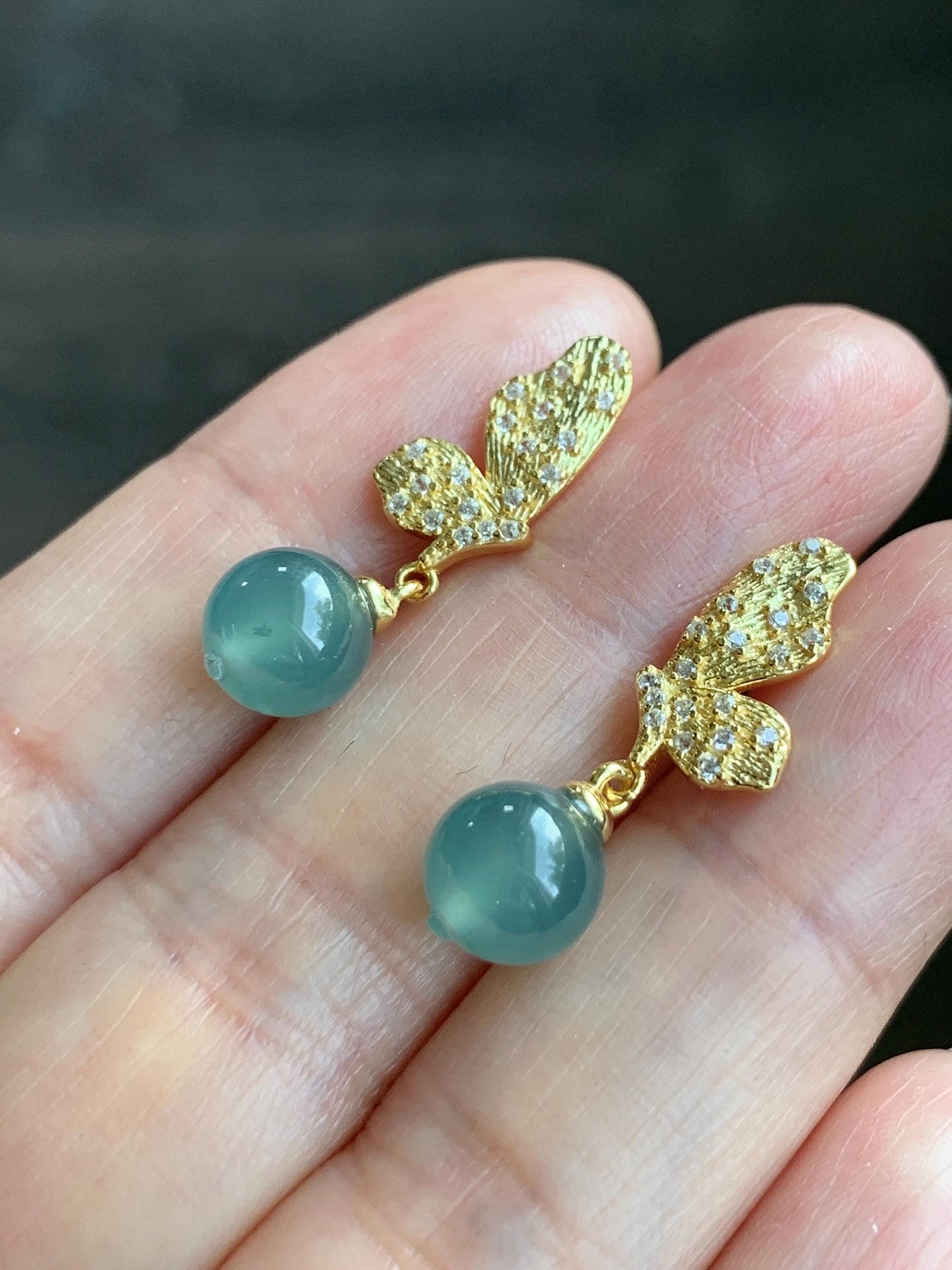 Natural Guatemalan Grade A Icy Highly Translucent Teal Blue Jadeite Beads Butterfly Stud Dangle Earrings Sterling Silver 天然冰危蓝翡翠圆珠耳钉 HDZ77G