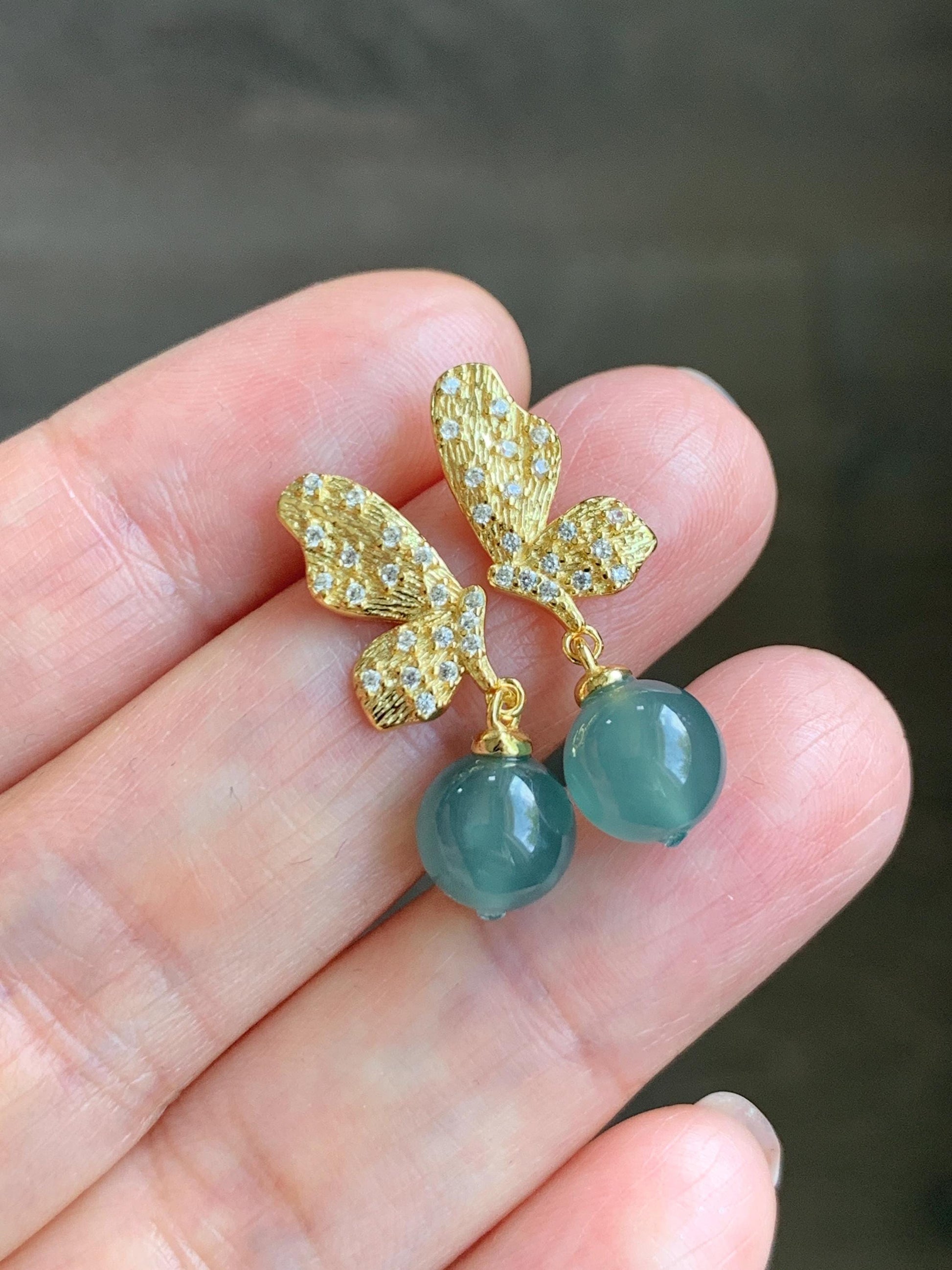 Natural Guatemalan Grade A Icy Highly Translucent Teal Blue Jadeite Beads Butterfly Stud Dangle Earrings Sterling Silver 天然冰危蓝翡翠圆珠耳钉 HDZ77G