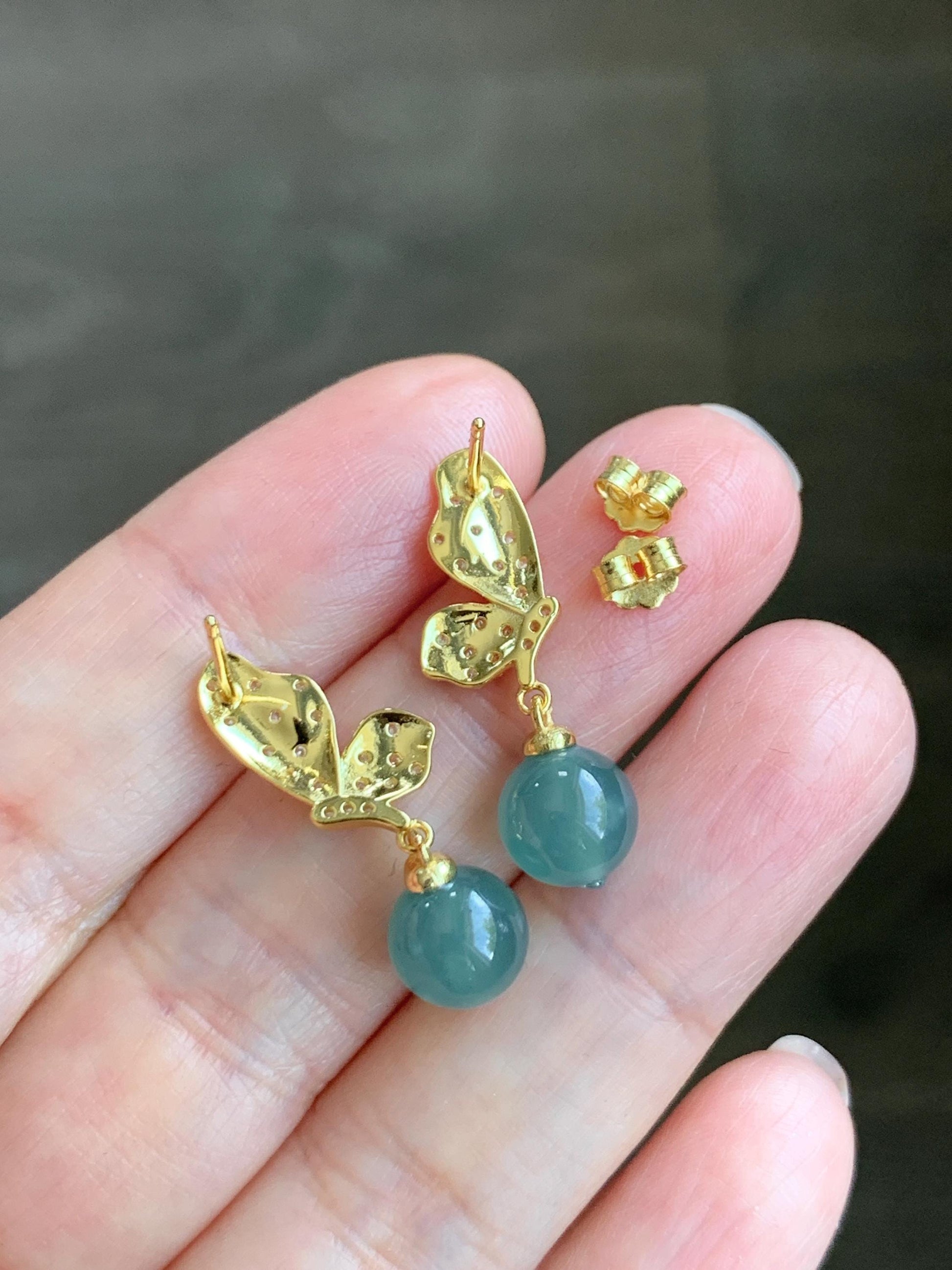 Natural Guatemalan Grade A Icy Highly Translucent Teal Blue Jadeite Beads Butterfly Stud Dangle Earrings Sterling Silver 天然冰危蓝翡翠圆珠耳钉 HDZ77G
