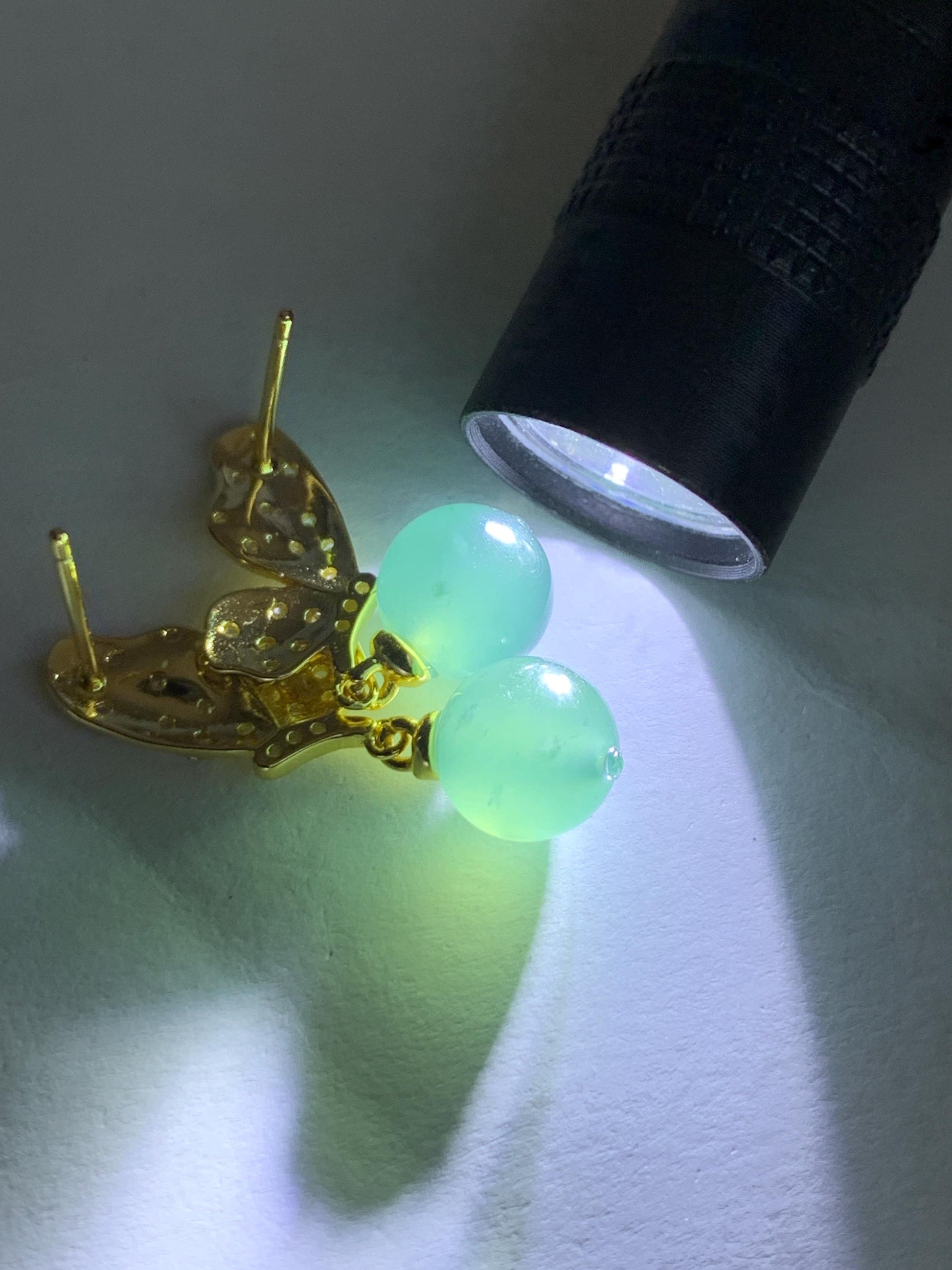 Natural Guatemalan Grade A Icy Highly Translucent Teal Blue Jadeite Beads Butterfly Stud Dangle Earrings Sterling Silver 天然冰危蓝翡翠圆珠耳钉 HDZ77G