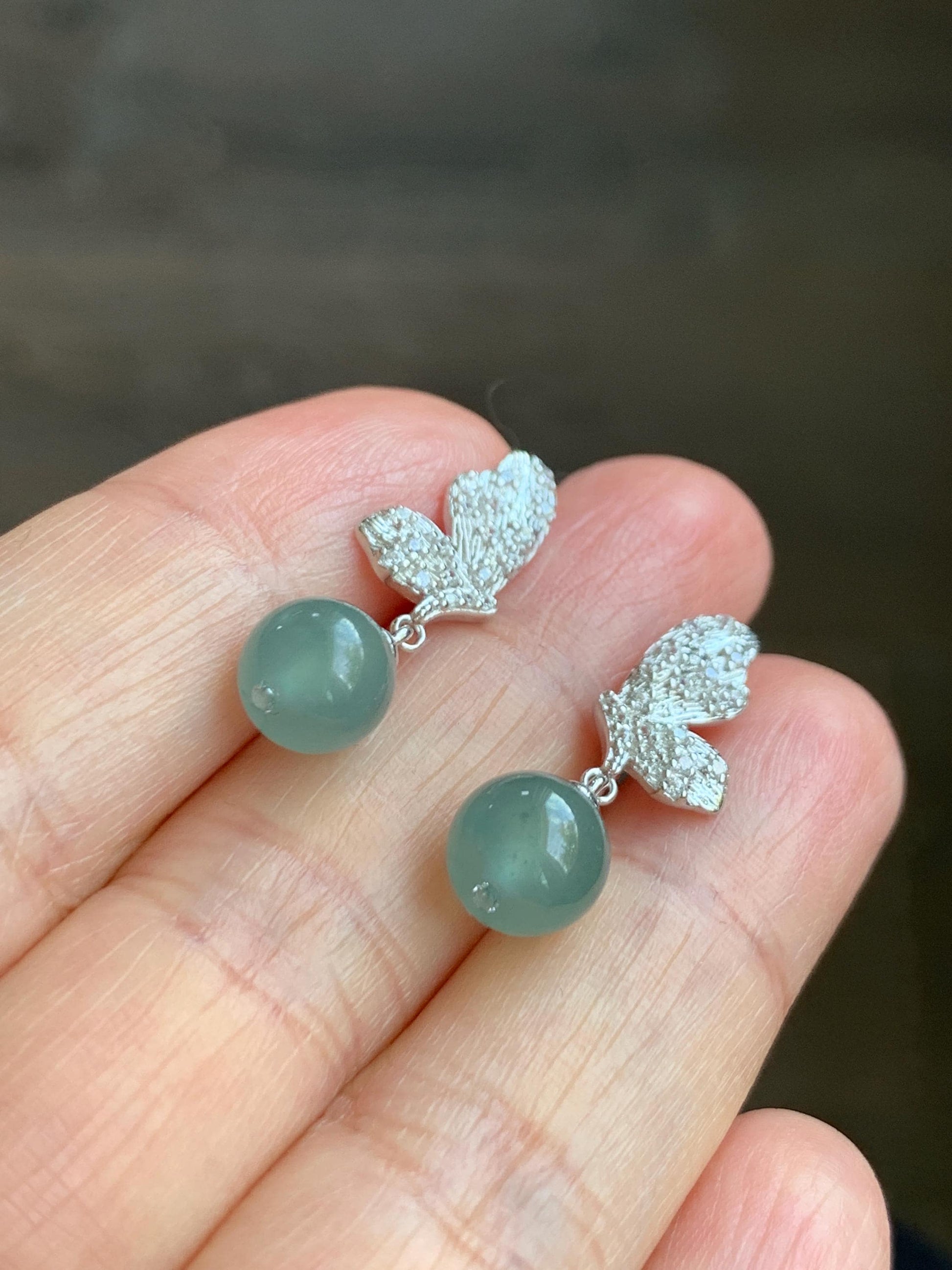 Natural Guatemalan Icy Highly Translucent Light Teal Blue Jadeite Beads Butterfly Stud Dangle Earrings Sterling Silver 天然冰危蓝翡翠圆珠耳钉 HDZ77S