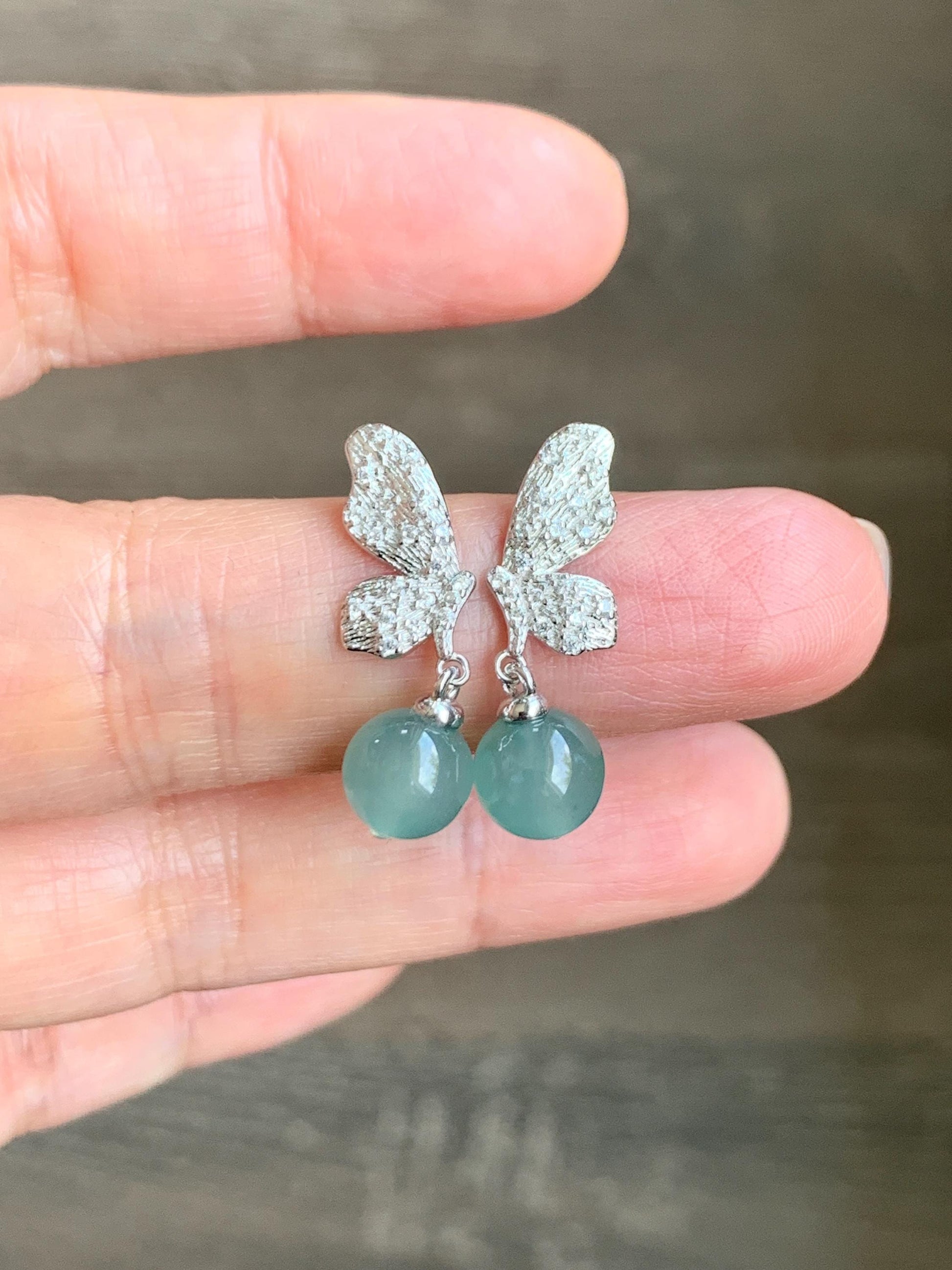 Natural Guatemalan Icy Highly Translucent Light Teal Blue Jadeite Beads Butterfly Stud Dangle Earrings Sterling Silver 天然冰危蓝翡翠圆珠耳钉 HDZ77S
