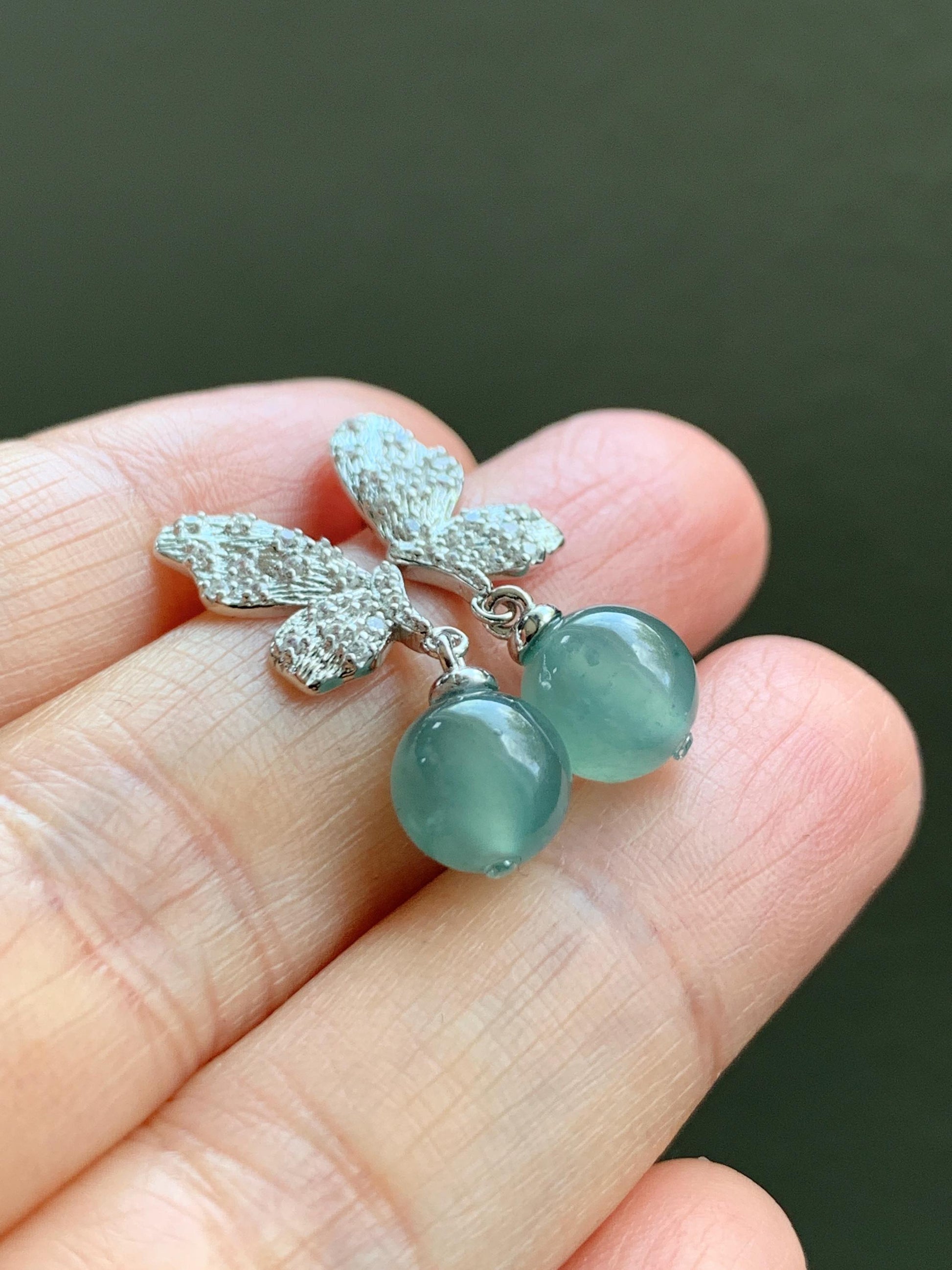 Natural Guatemalan Icy Highly Translucent Light Teal Blue Jadeite Beads Butterfly Stud Dangle Earrings Sterling Silver 天然冰危蓝翡翠圆珠耳钉 HDZ77S