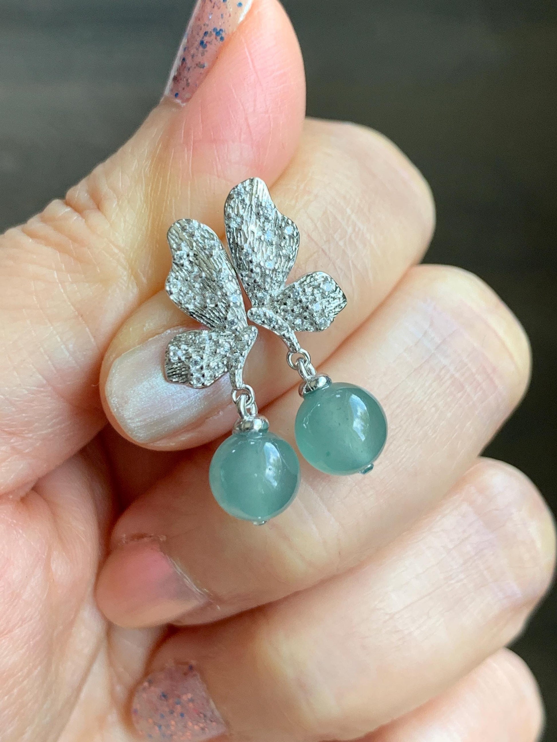 Natural Guatemalan Icy Highly Translucent Light Teal Blue Jadeite Beads Butterfly Stud Dangle Earrings Sterling Silver 天然冰危蓝翡翠圆珠耳钉 HDZ77S