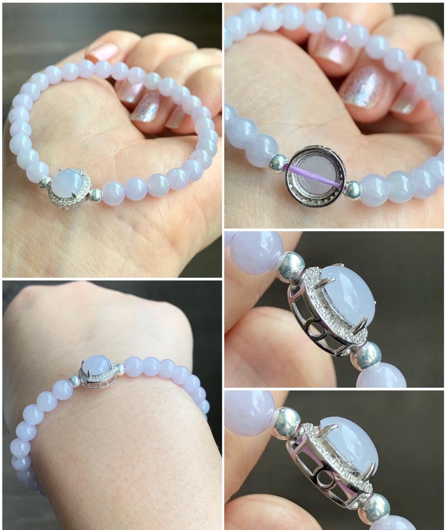 Natural Grade A Icy Translucent Light Lavender Jadeite Round Beads & Cabochon Charm Beaded Bracelet 6.5” 10g 天然冰胶淡紫翡翠起光蛋面手串 ZDP65