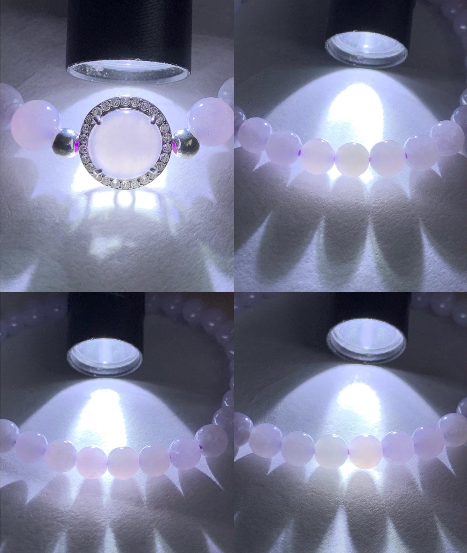 Natural Grade A Icy Translucent Light Lavender Jadeite Round Beads & Cabochon Charm Beaded Bracelet 6.5” 10g 天然冰胶淡紫翡翠起光蛋面手串 ZDP65