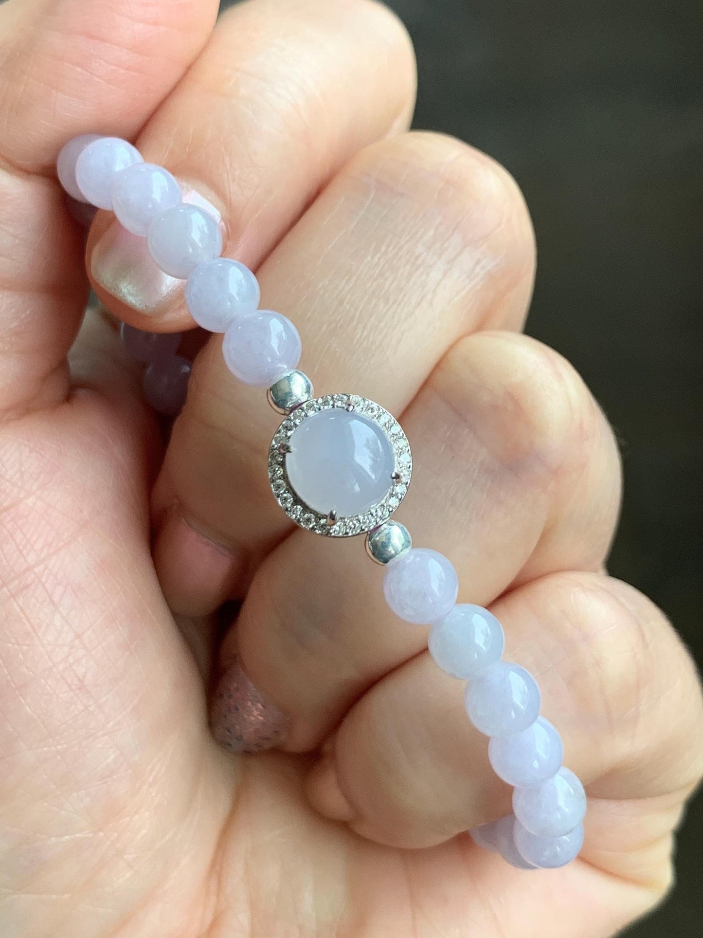 Natural Grade A Icy Translucent Light Lavender Jadeite Round Beads & Cabochon Charm Beaded Bracelet 6.5” 10g 天然冰胶淡紫翡翠起光蛋面手串 ZDP65