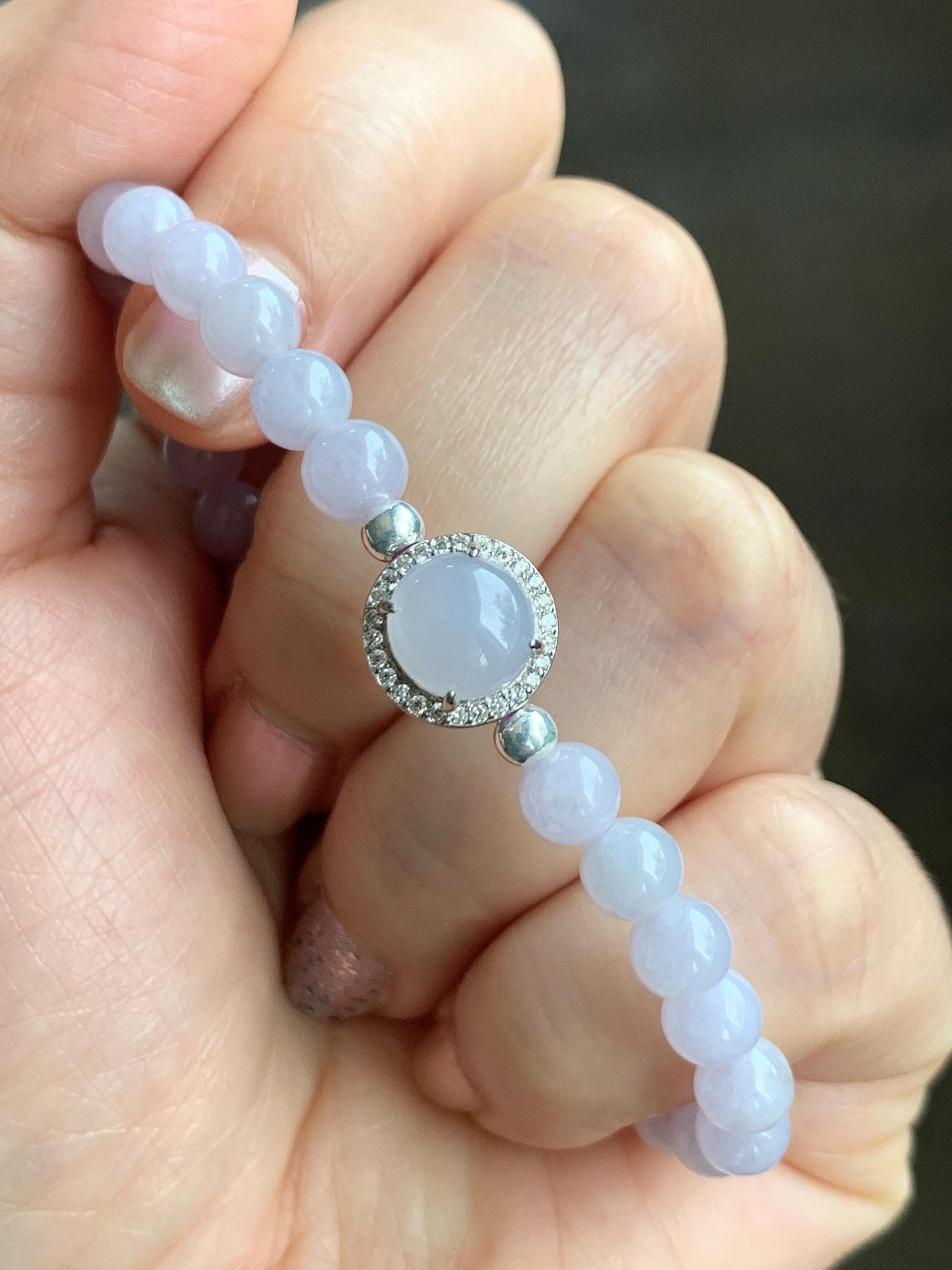 Natural Grade A Icy Translucent Light Lavender Jadeite Round Beads & Cabochon Charm Beaded Bracelet 6.5” 10g 天然冰胶淡紫翡翠起光蛋面手串 ZDP65