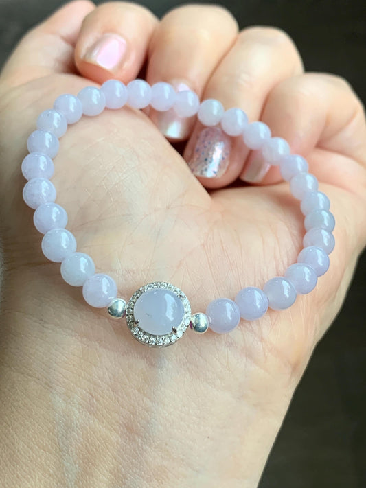 Natural Grade A Icy Translucent Light Lavender Jadeite Round Beads & Cabochon Charm Beaded Bracelet 6.5” 10g 天然冰胶淡紫翡翠起光蛋面手串 ZDP65