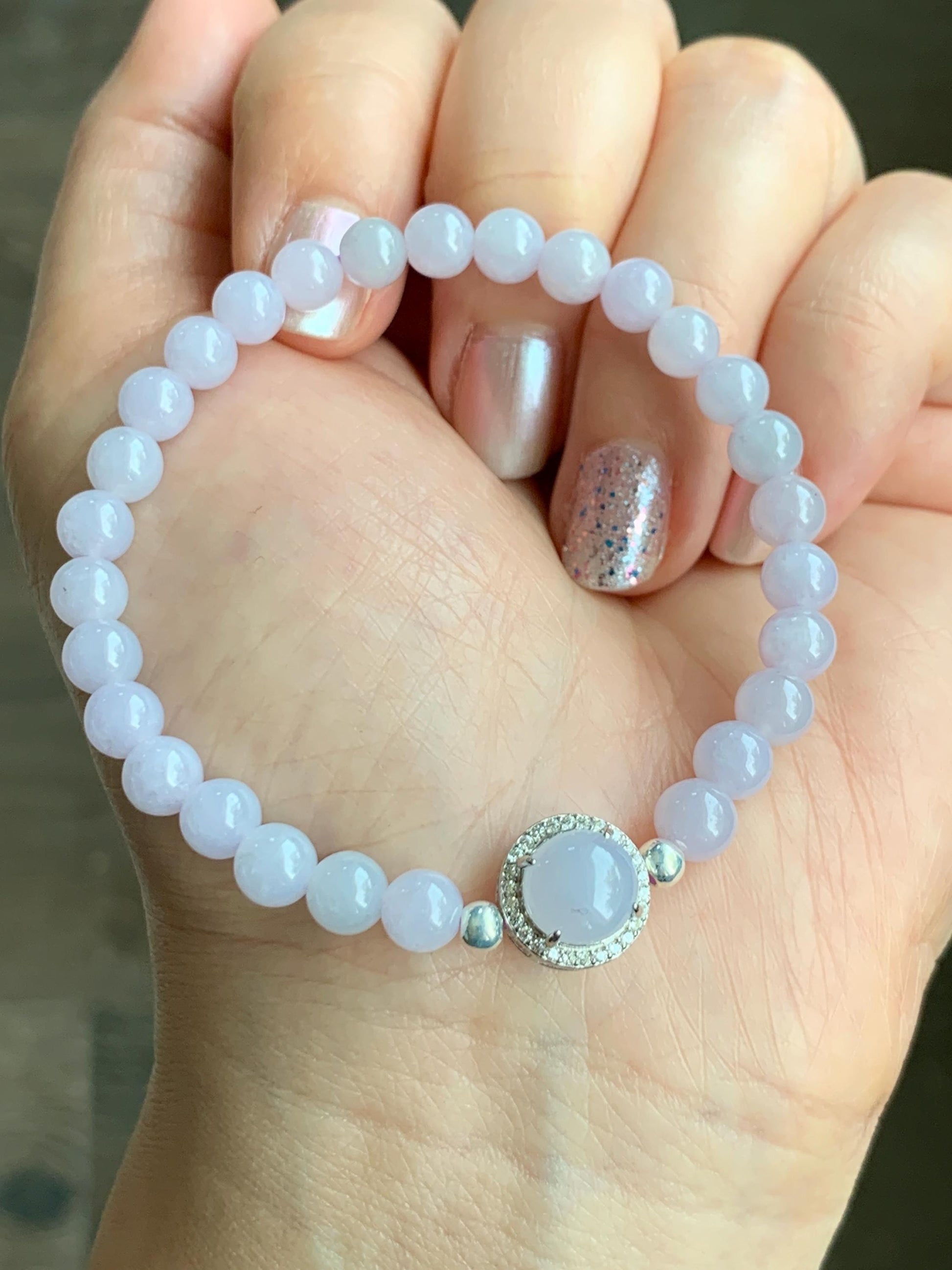 Natural Grade A Icy Translucent Light Lavender Jadeite Round Beads & Cabochon Charm Beaded Bracelet 6.5” 10g 天然冰胶淡紫翡翠起光蛋面手串 ZDP65