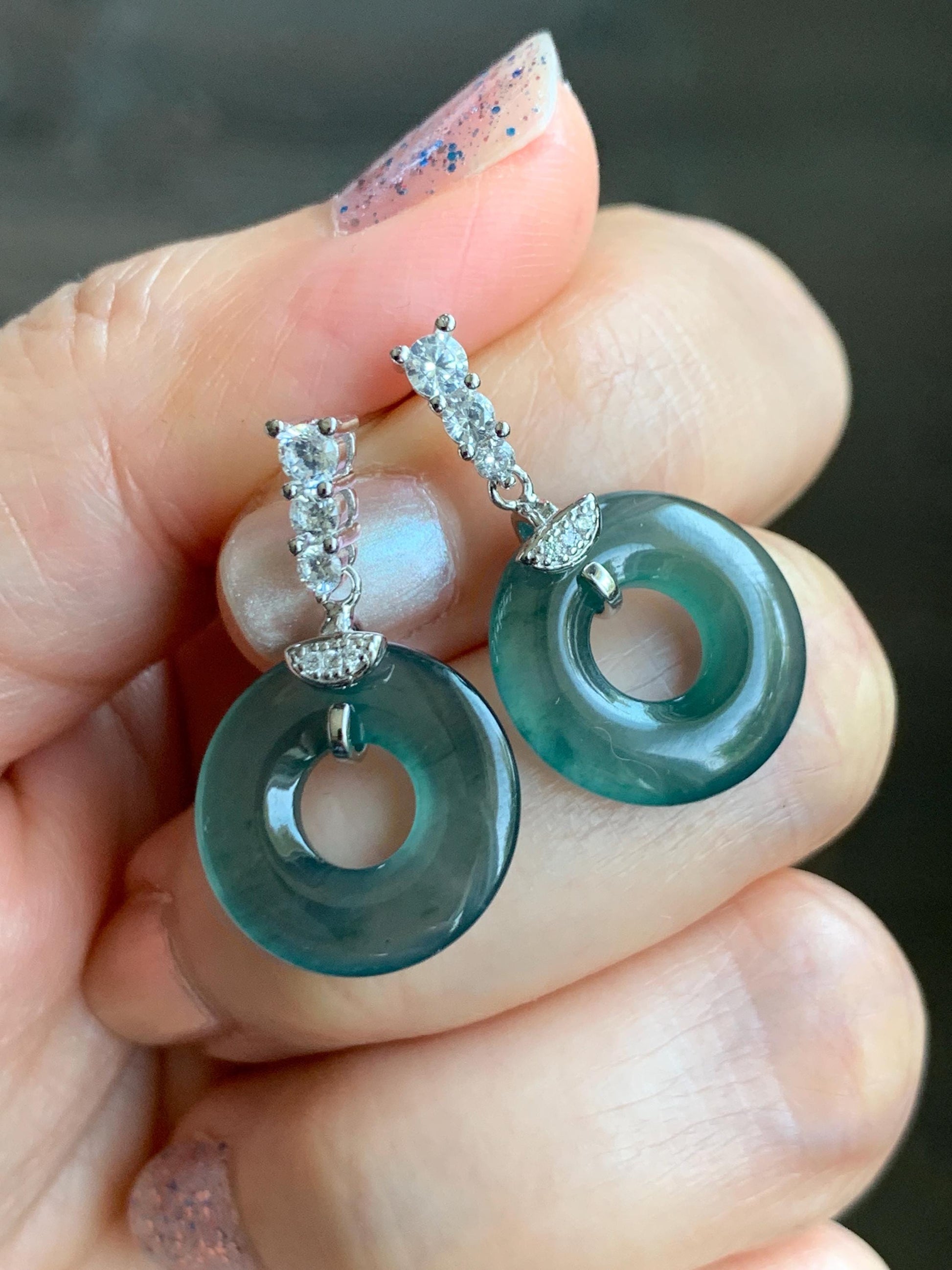 Natural Guatemalan Icy Highly Translucent Dark Teal Blue Jadeite Ping An Kou Donut Stud Earrings Sterling Silver 天然冰危深蓝绿翡翠平安扣耳钉 PKG110