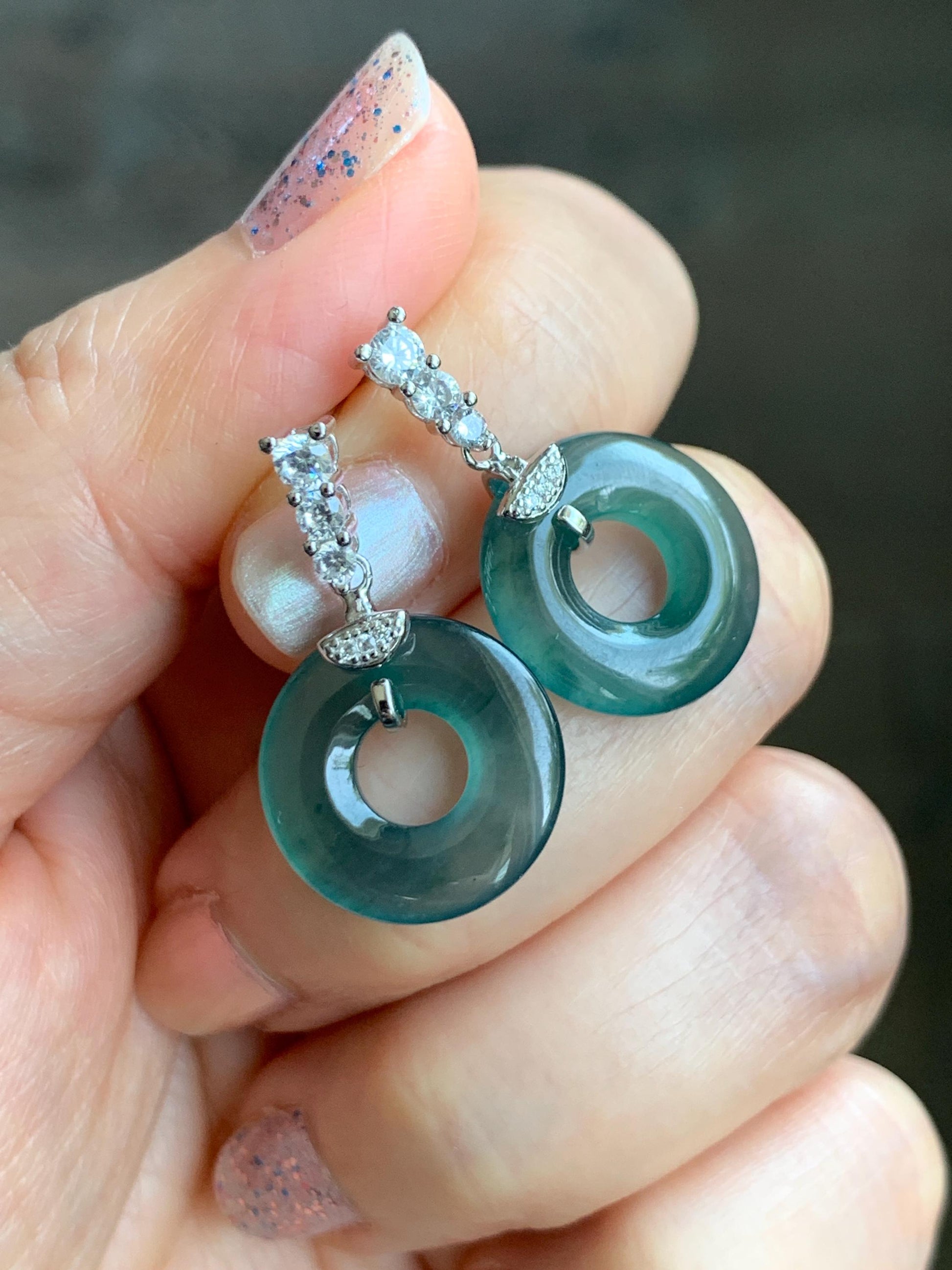 Natural Guatemalan Icy Highly Translucent Dark Teal Blue Jadeite Ping An Kou Donut Stud Earrings Sterling Silver 天然冰危深蓝绿翡翠平安扣耳钉 PKG110