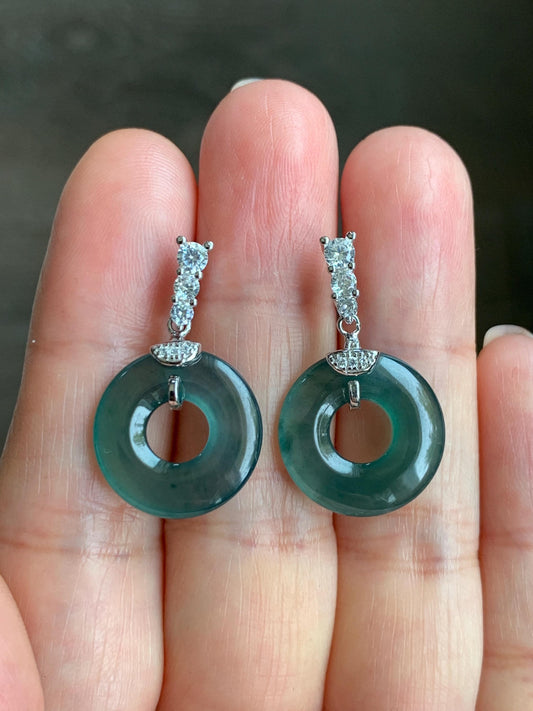 Natural Guatemalan Icy Highly Translucent Dark Teal Blue Jadeite Ping An Kou Donut Stud Earrings Sterling Silver 天然冰危深蓝绿翡翠平安扣耳钉 PKG110