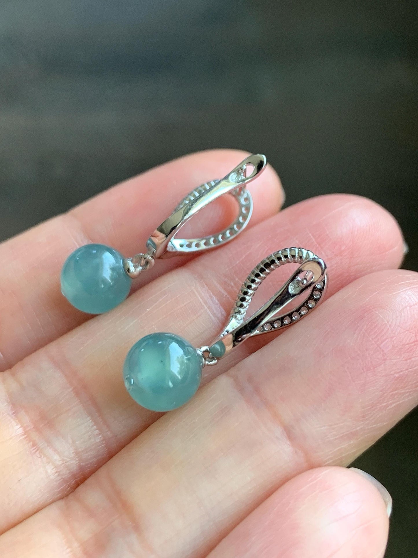 Natural Guatemalan Icy Highly Translucent Light Teal Blue Jadeite Beads Lever Back Dangle Earrings Sterling Silver 天然高冰危浅蓝翡翠圆珠耳钩 EBZ77B